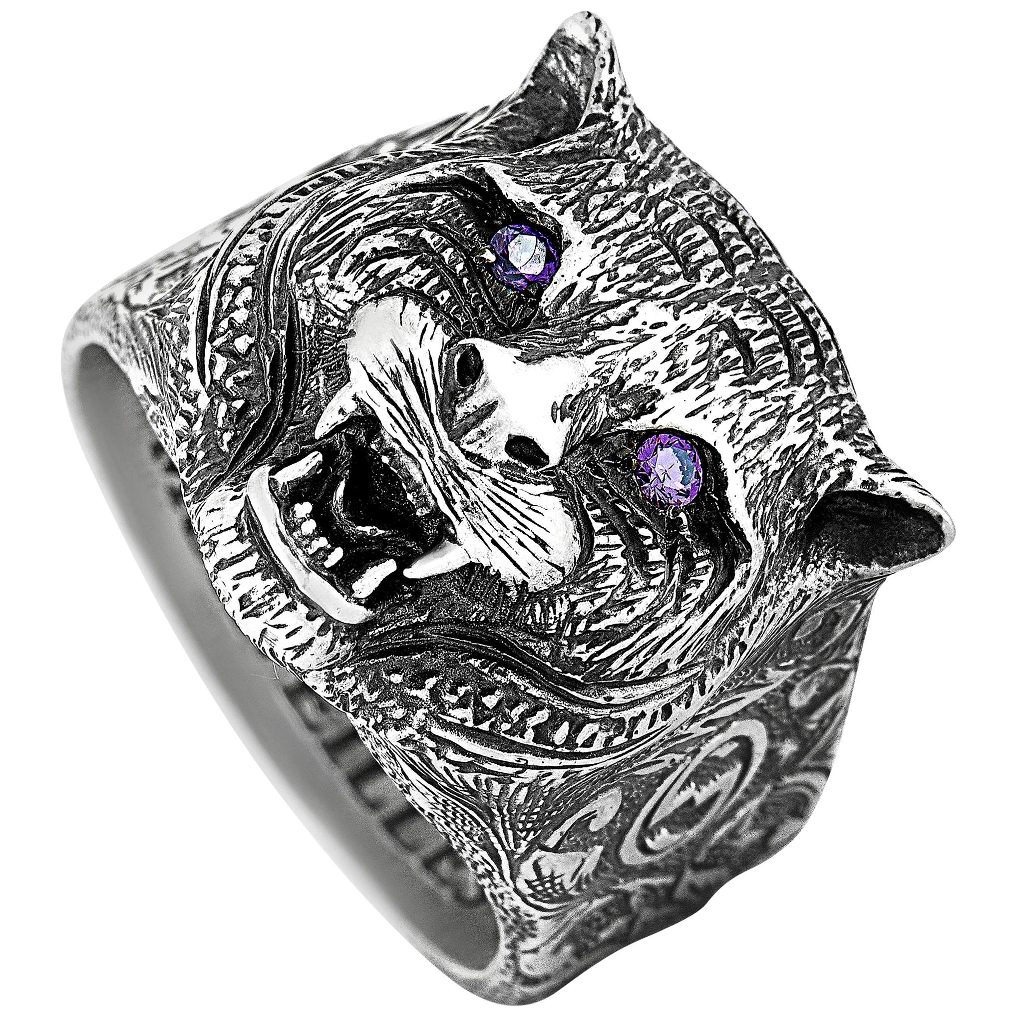 Gucci Garden Silver and Purple Zircon Feline Motif Ring