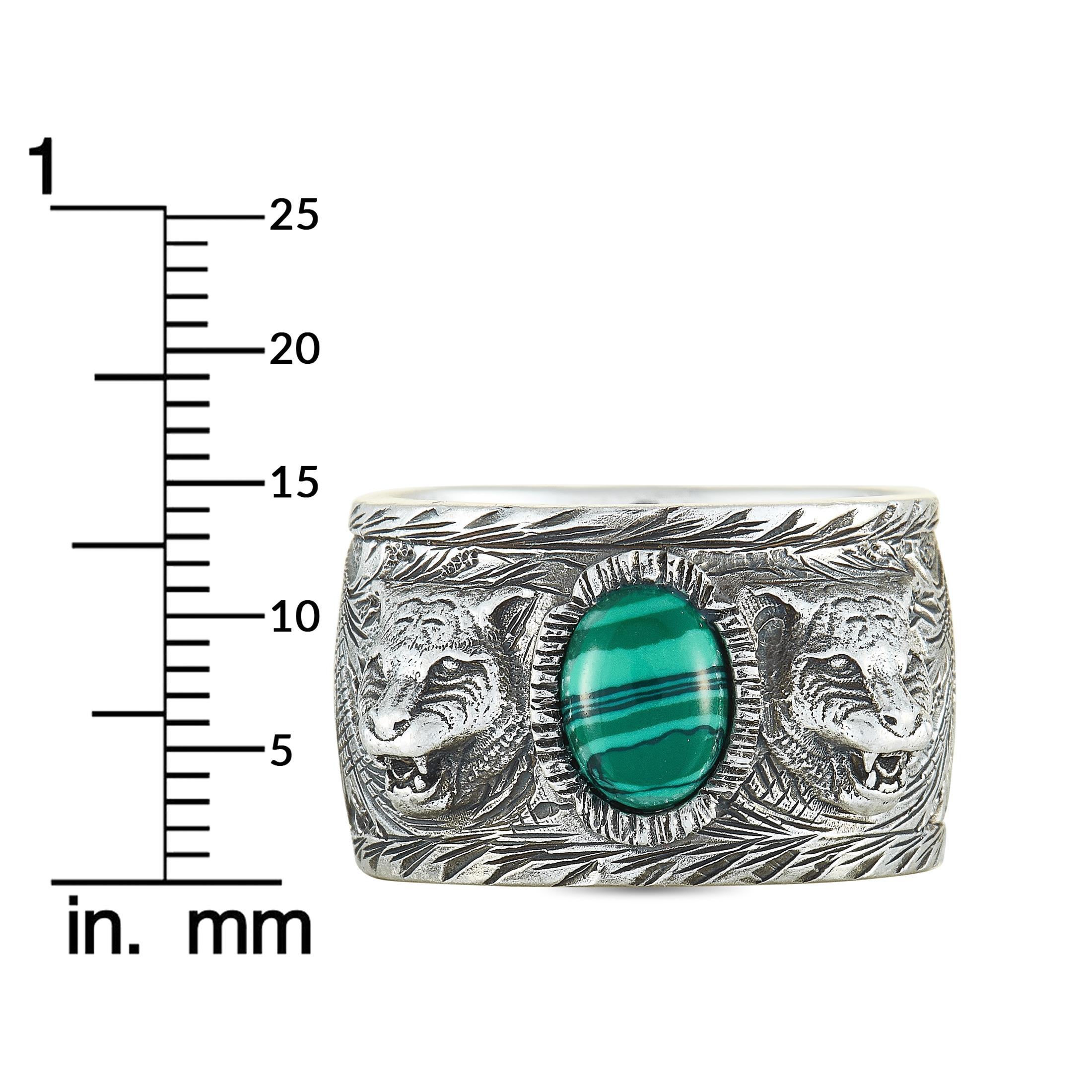 Gucci Garden Sterling Silver and Green Resin Feline Head Motifs Ring In New Condition In Southampton, PA