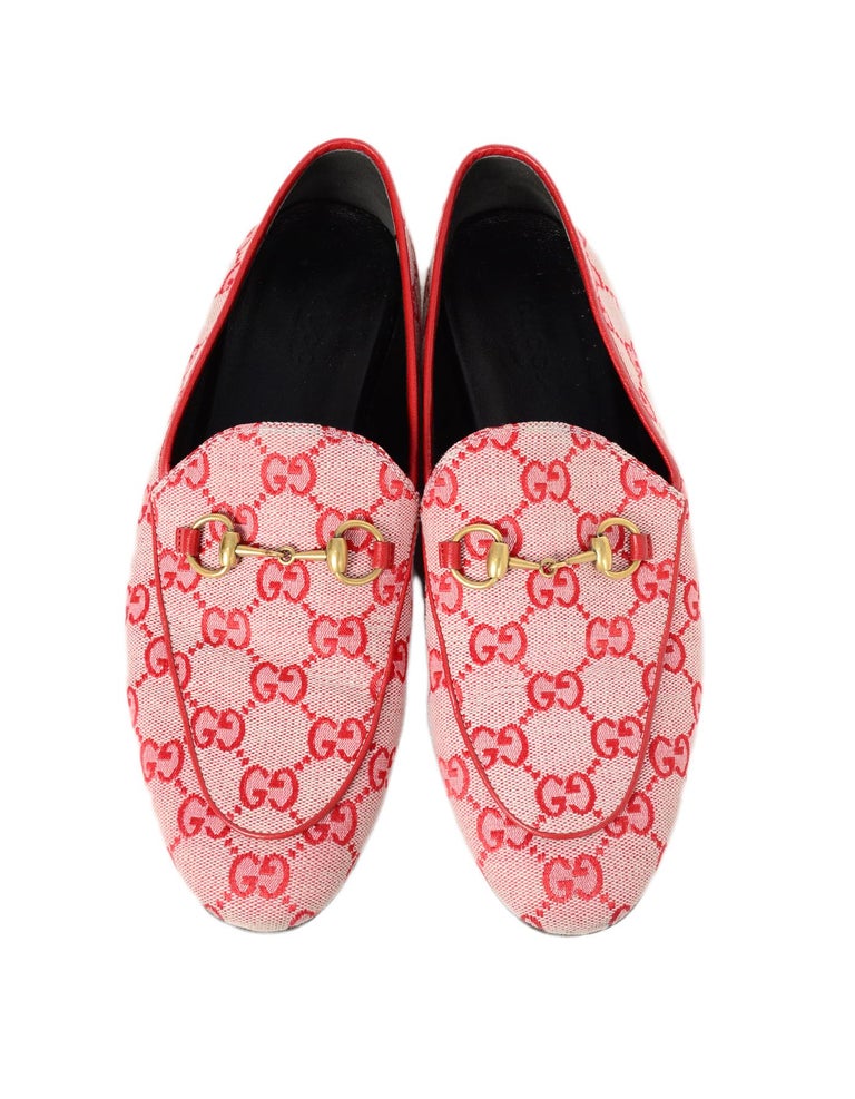 Gucci Gardenia Red Monogram Canvas New Jordaan Logo Loafers sz 37.5 For  Sale at 1stDibs