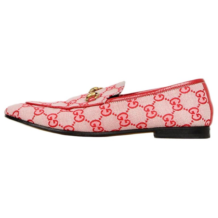 Gucci Gardenia Red Monogram Canvas New Jordaan Logo Loafers sz 37.5 For ...