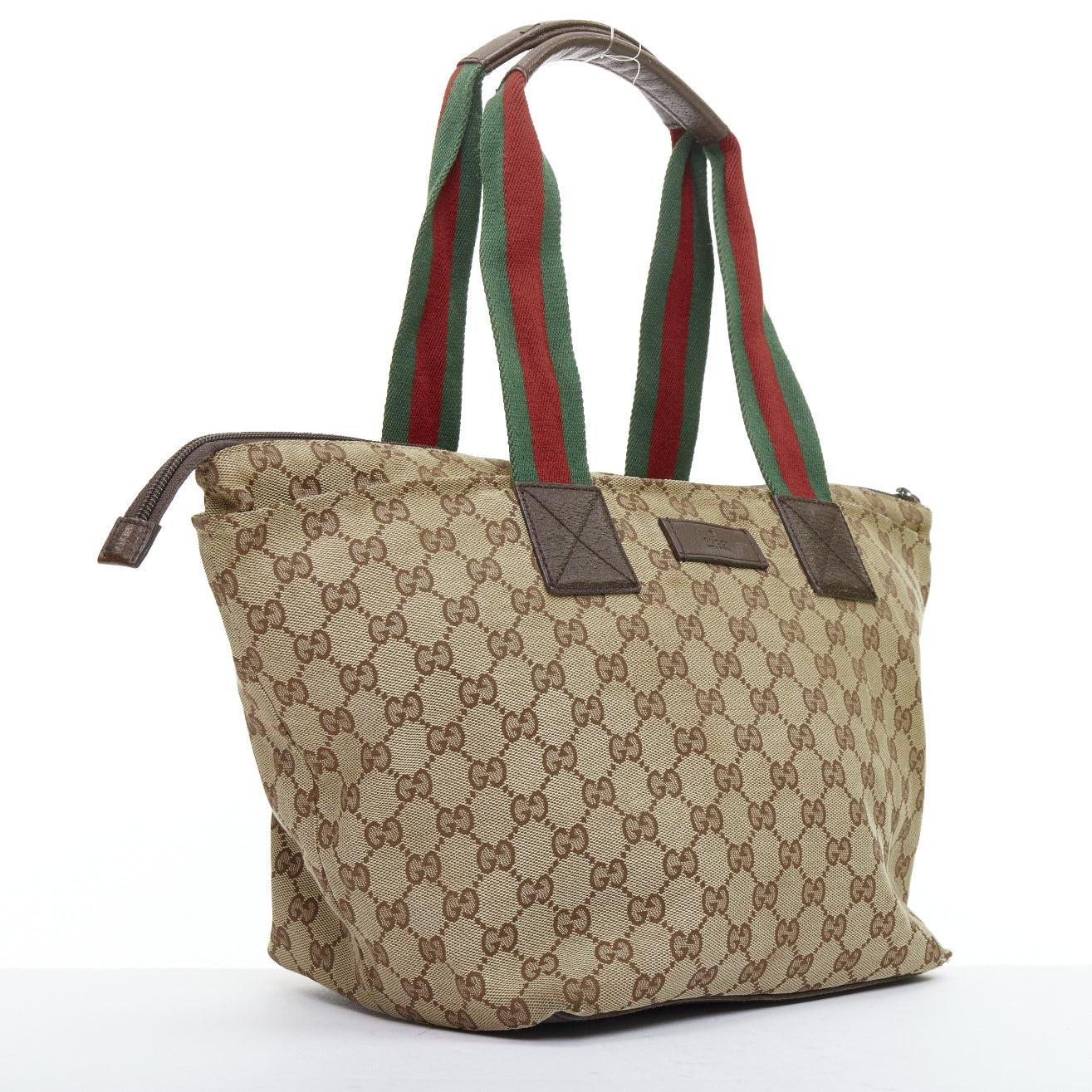 Beige GUCCI GG beige canvas web sherry line leather trim tote bag For Sale