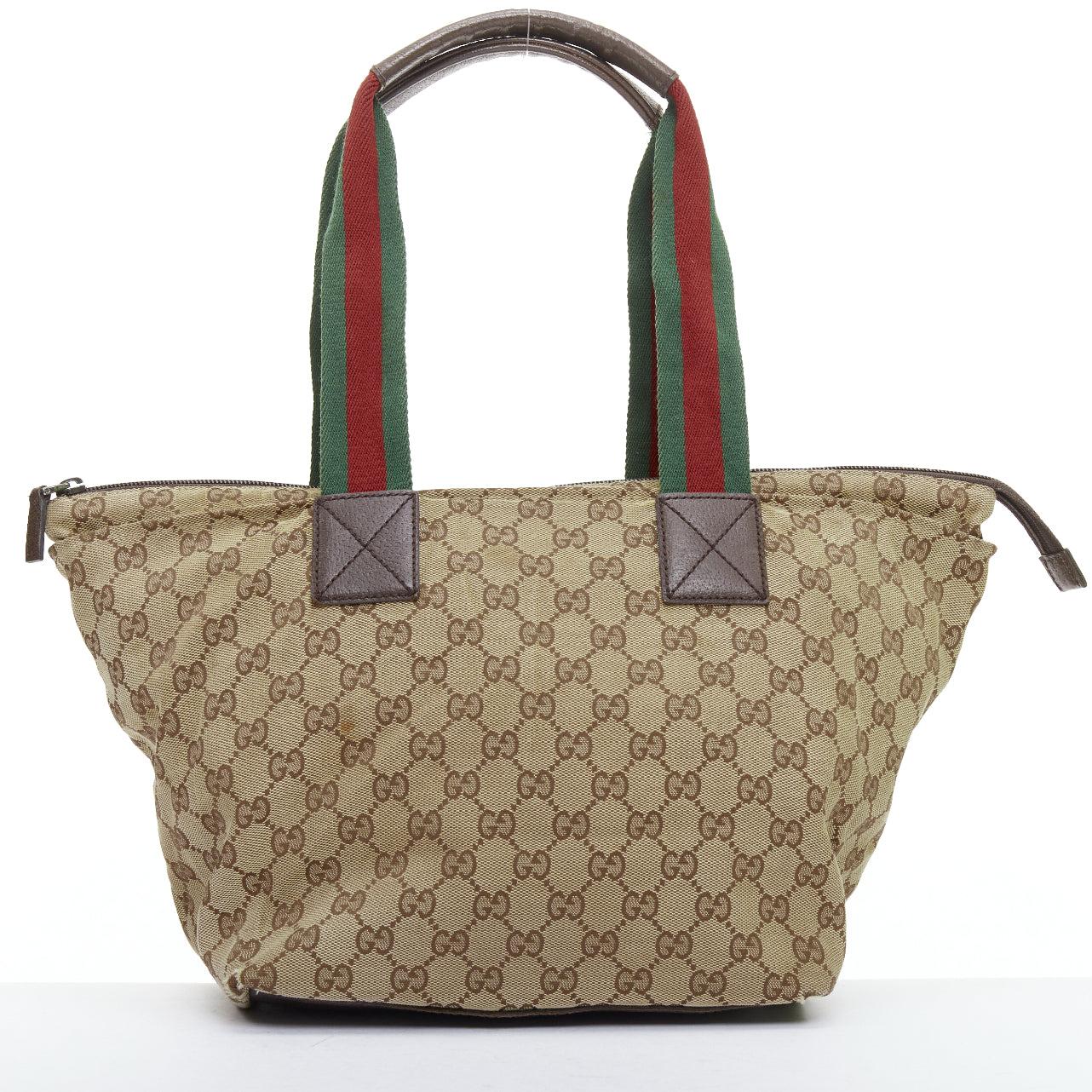 Women's GUCCI GG beige canvas web sherry line leather trim tote bag For Sale