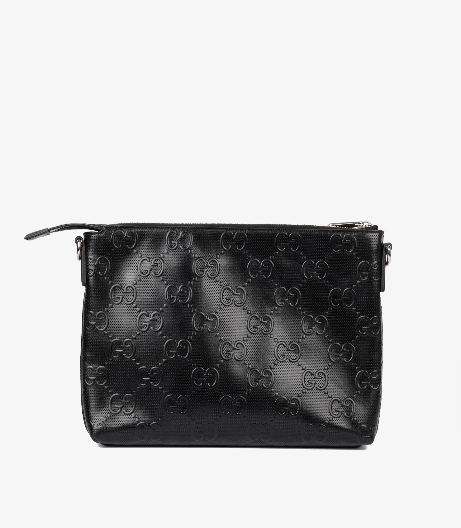 Gucci GG Black Embossed Leather Medium Messenger Bag For Sale 2