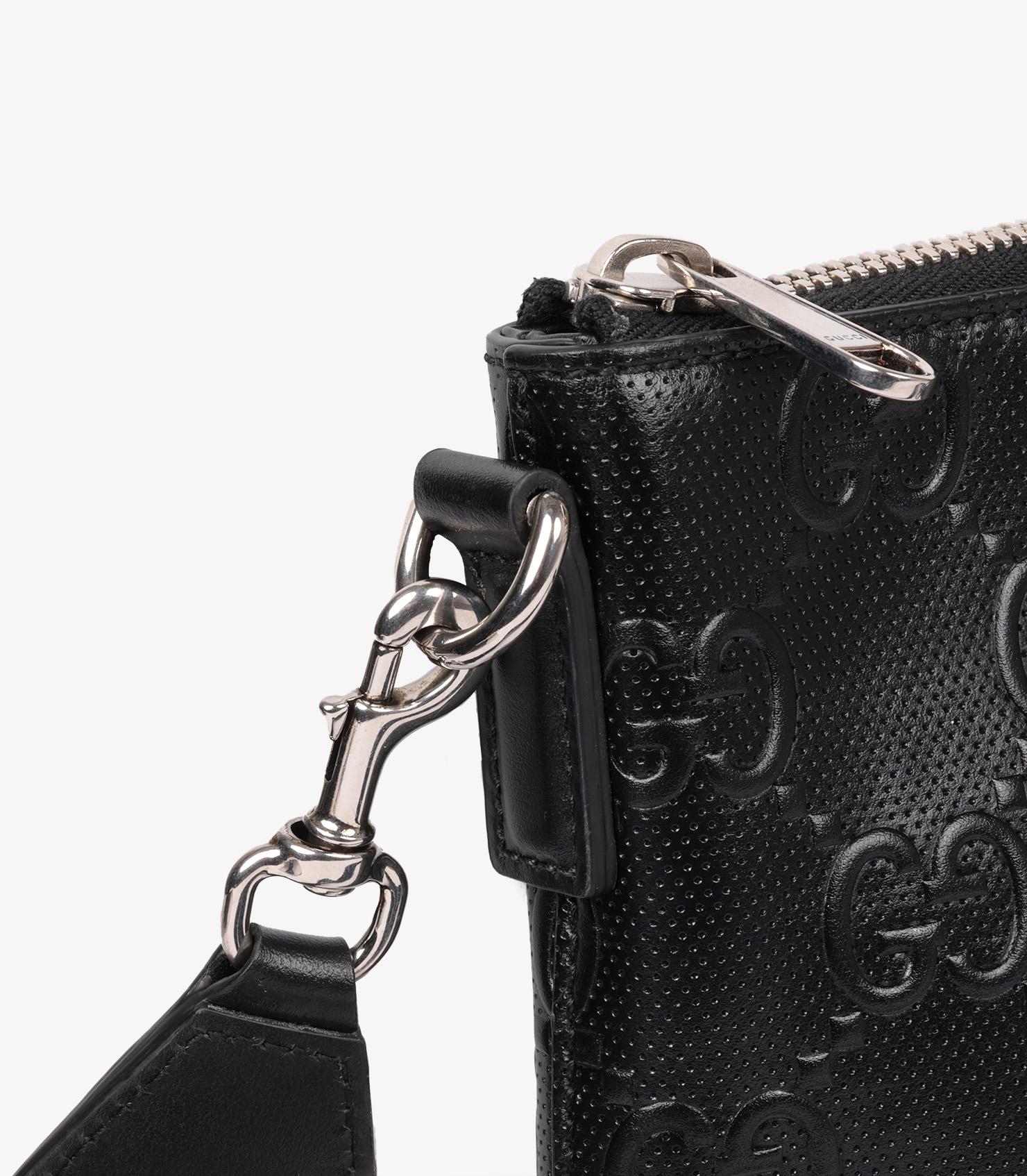 Gucci GG Black Embossed Leather Medium Messenger Bag For Sale 4