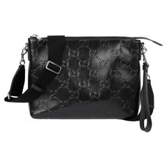 Gucci GG Black Embossed Leather Medium Messenger Bag