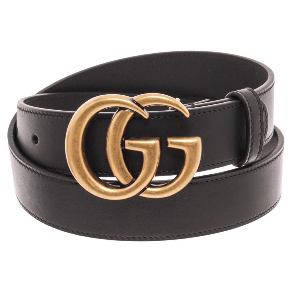 Gucci GG Black Leather GHW Thin Belt 75 For Sale