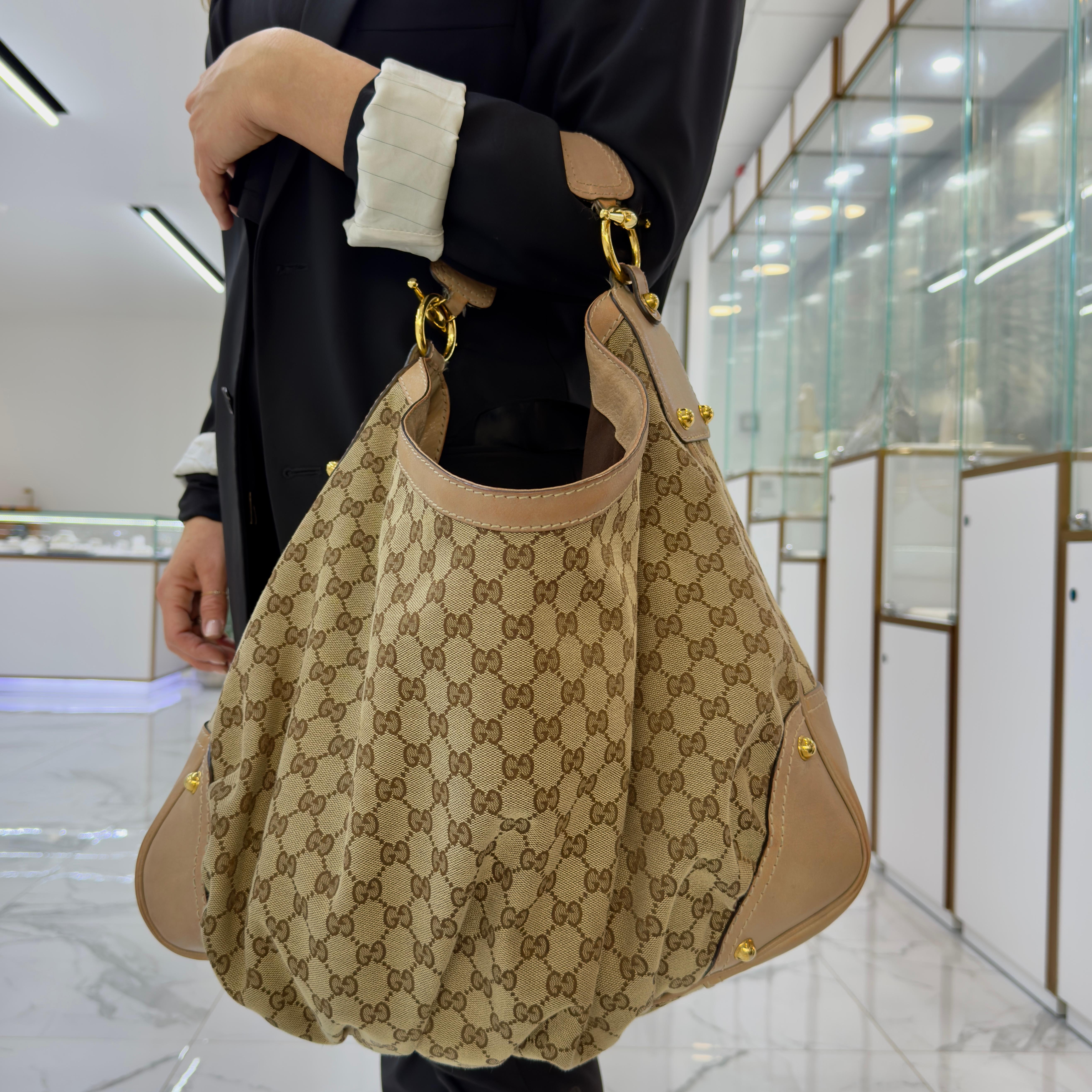 Gucci GG Canvas and Leather Beige/Brown 203542 Large Jockey Handbag For Sale 6