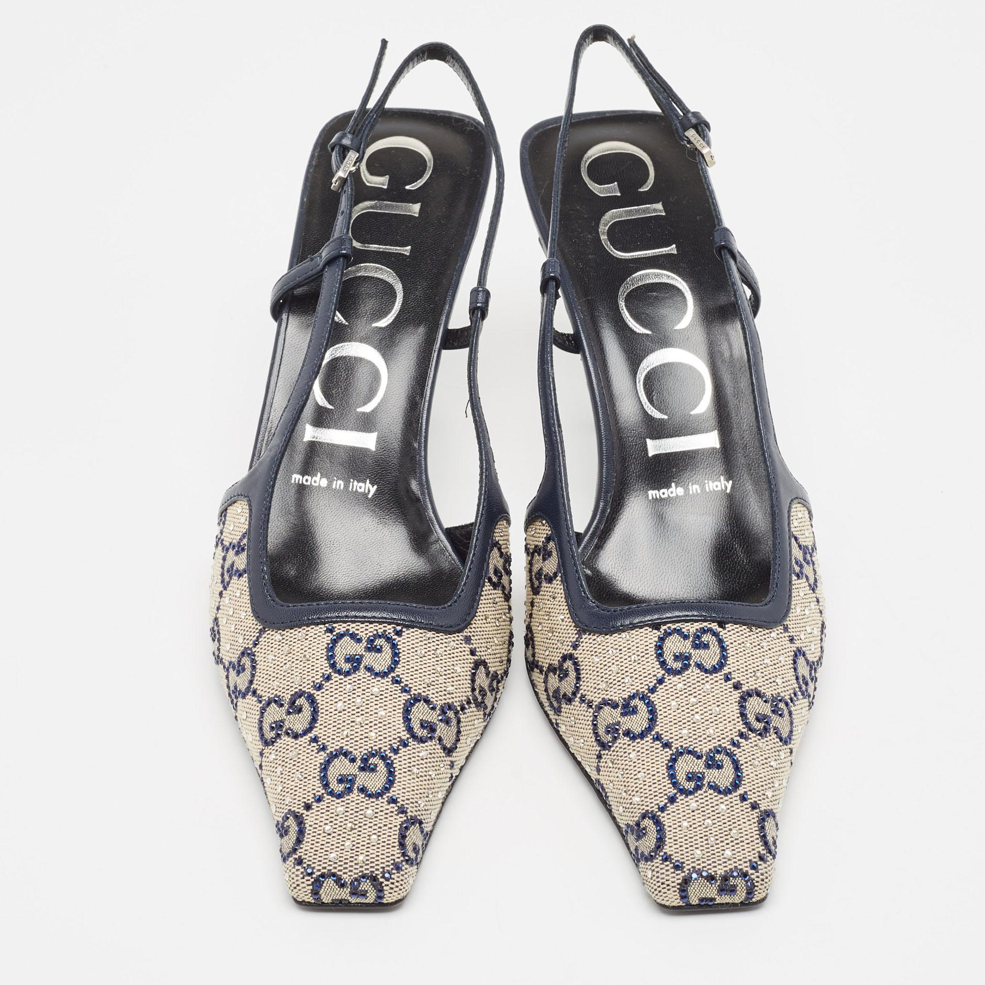 Gucci GG Canvas and Leather Crystal Embellished Slingback Pumps Size 36.5Curvace In Excellent Condition In Dubai, Al Qouz 2