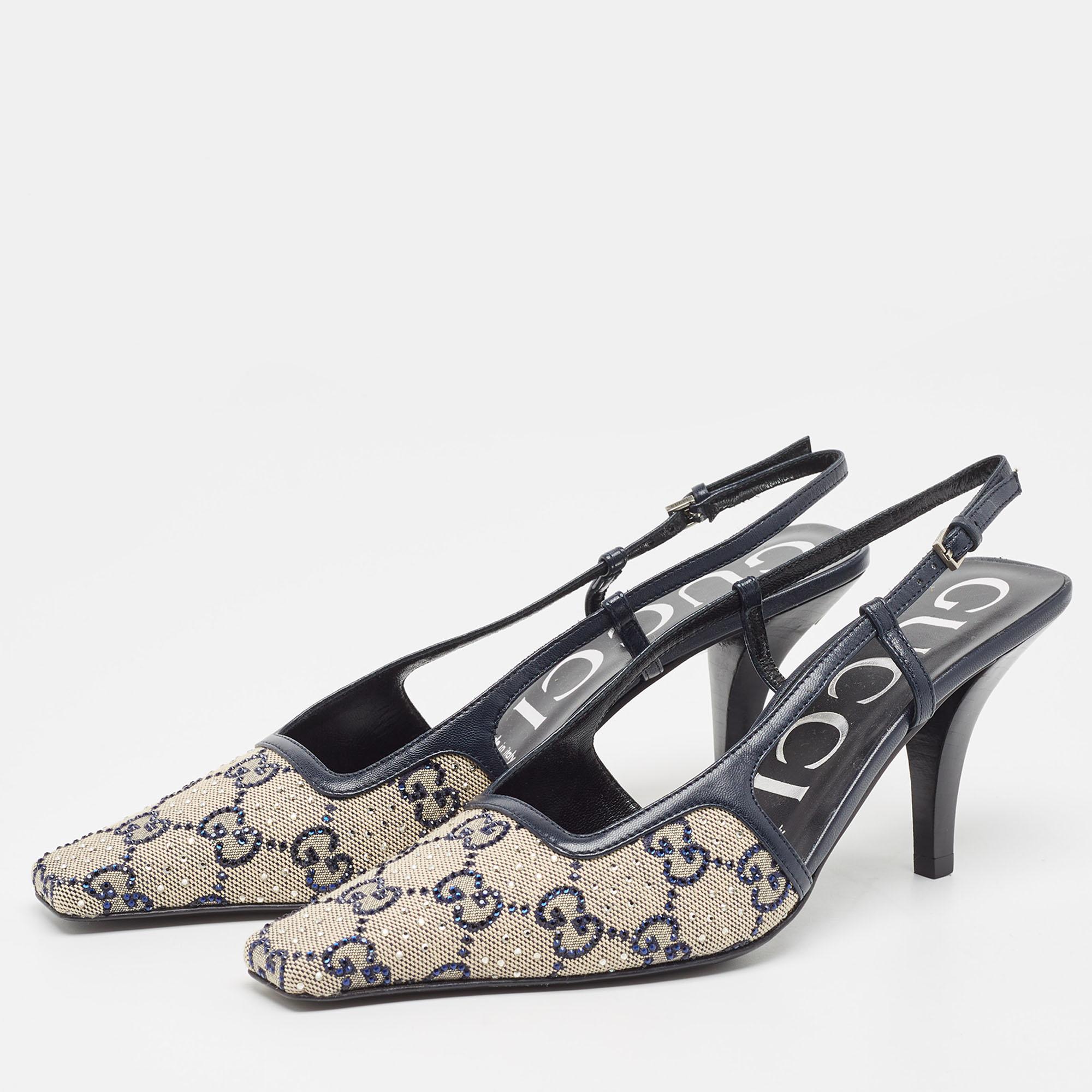 Gucci GG Canvas and Leather Crystal Embellished Slingback Pumps Size 36.5Curvace 1