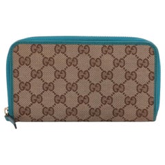Gucci GG Segeltuch Canvas Leder-Brieftasche mit Reißverschluss in Beige x Blau