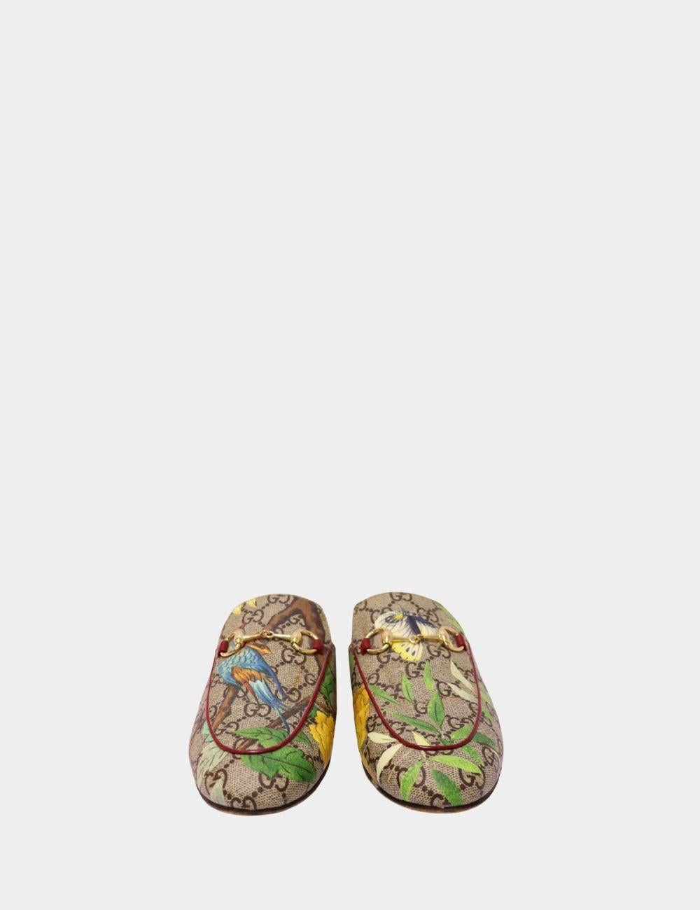 Brown Gucci GG canvas floral print slipper loafers