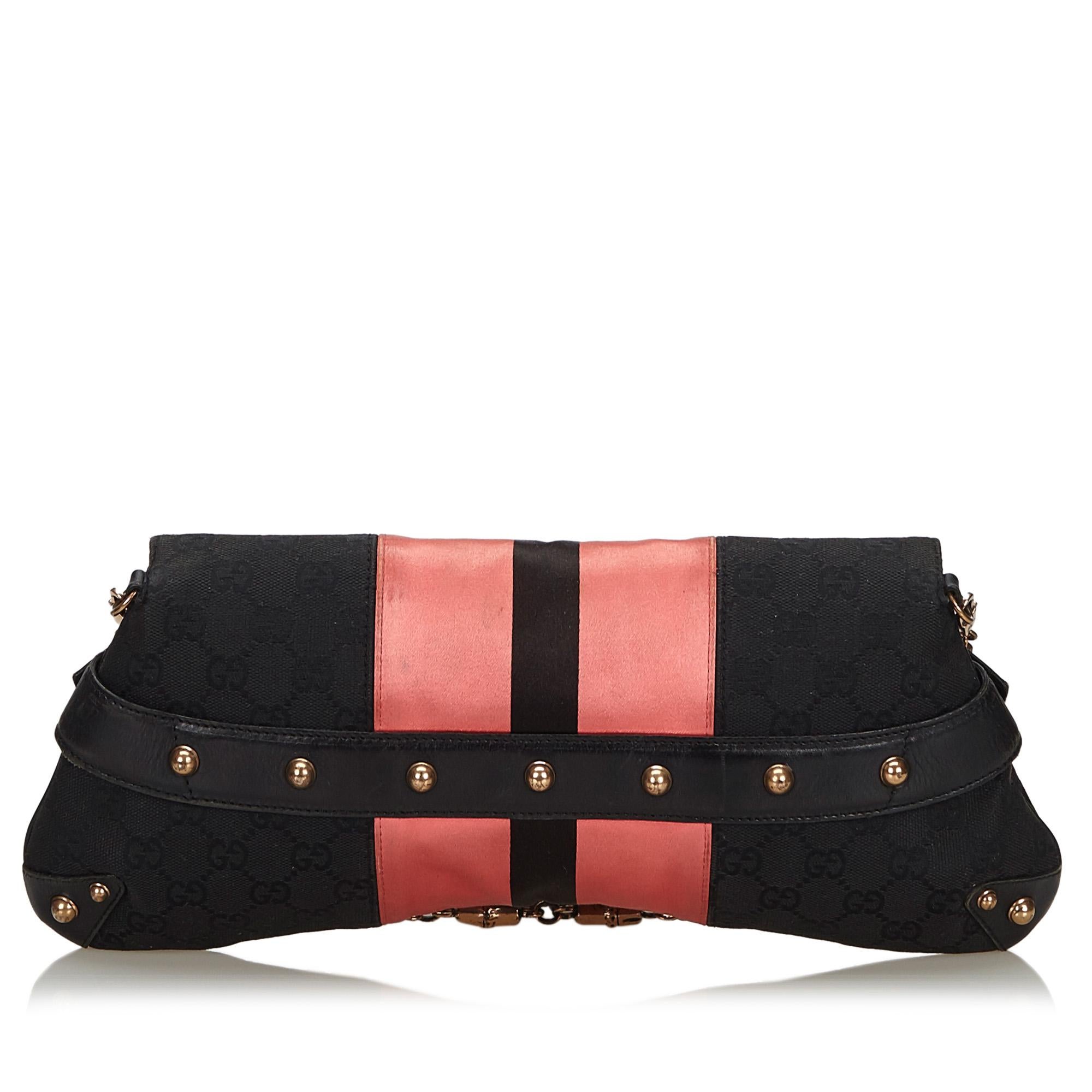 Black Gucci GG Canvas Horsebit Chain Baguette Bag For Sale