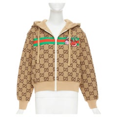 GUCCI GG canvas jacquard Web stripe cherry embroidery cropped zip hoodie XS
