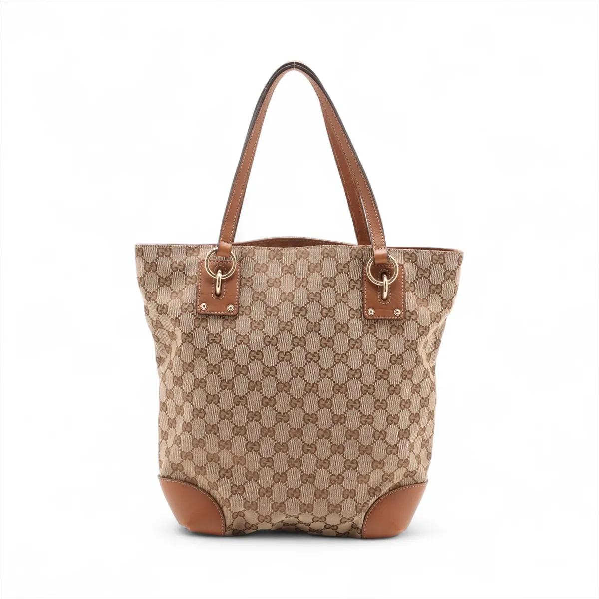 Marrone Gucci GG Canvas Leather Tote Bag Beige x Brown in vendita