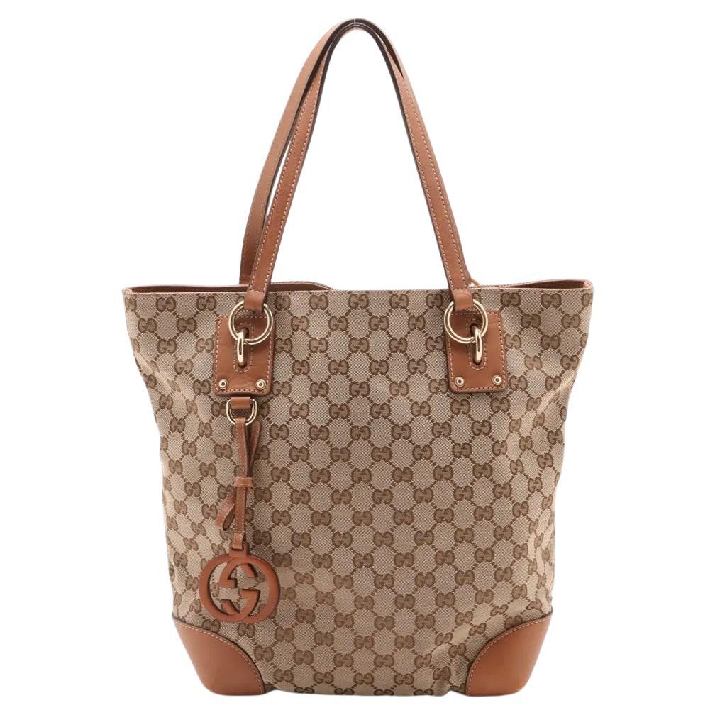 Gucci GG Canvas Leather Tote Bag Beige x Brown