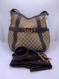 Gucci GG Canvas Marmont Hobo Bag Brown Leather Double G Buckle