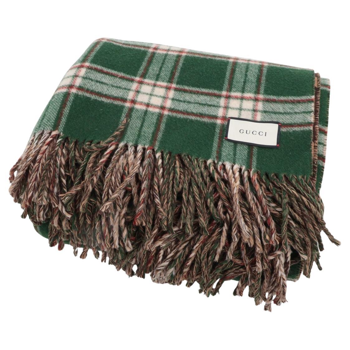 Gucci GG Checkered Reversible Blanket Wool Green x Brown For Sale