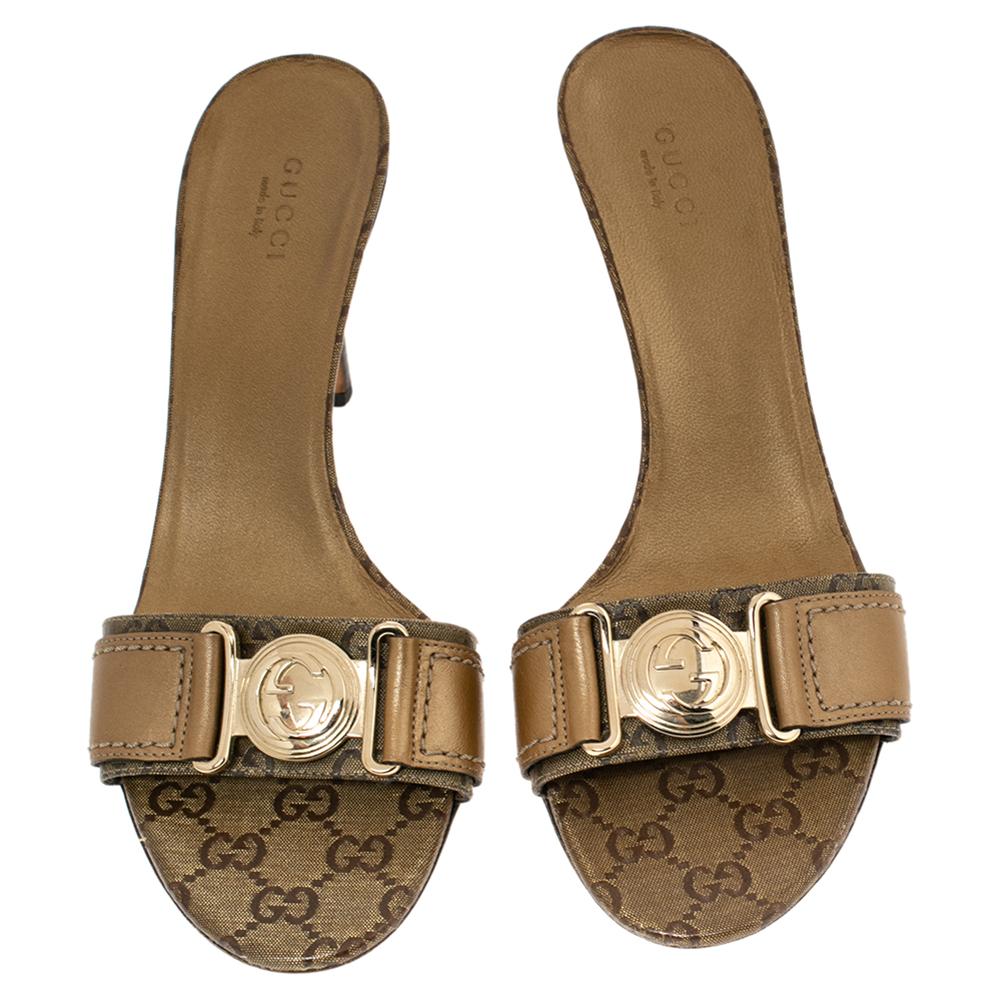 Women's Gucci GG Crystal Canvas and Leather Interlocking G Buckle Slide Sandals Size 38
