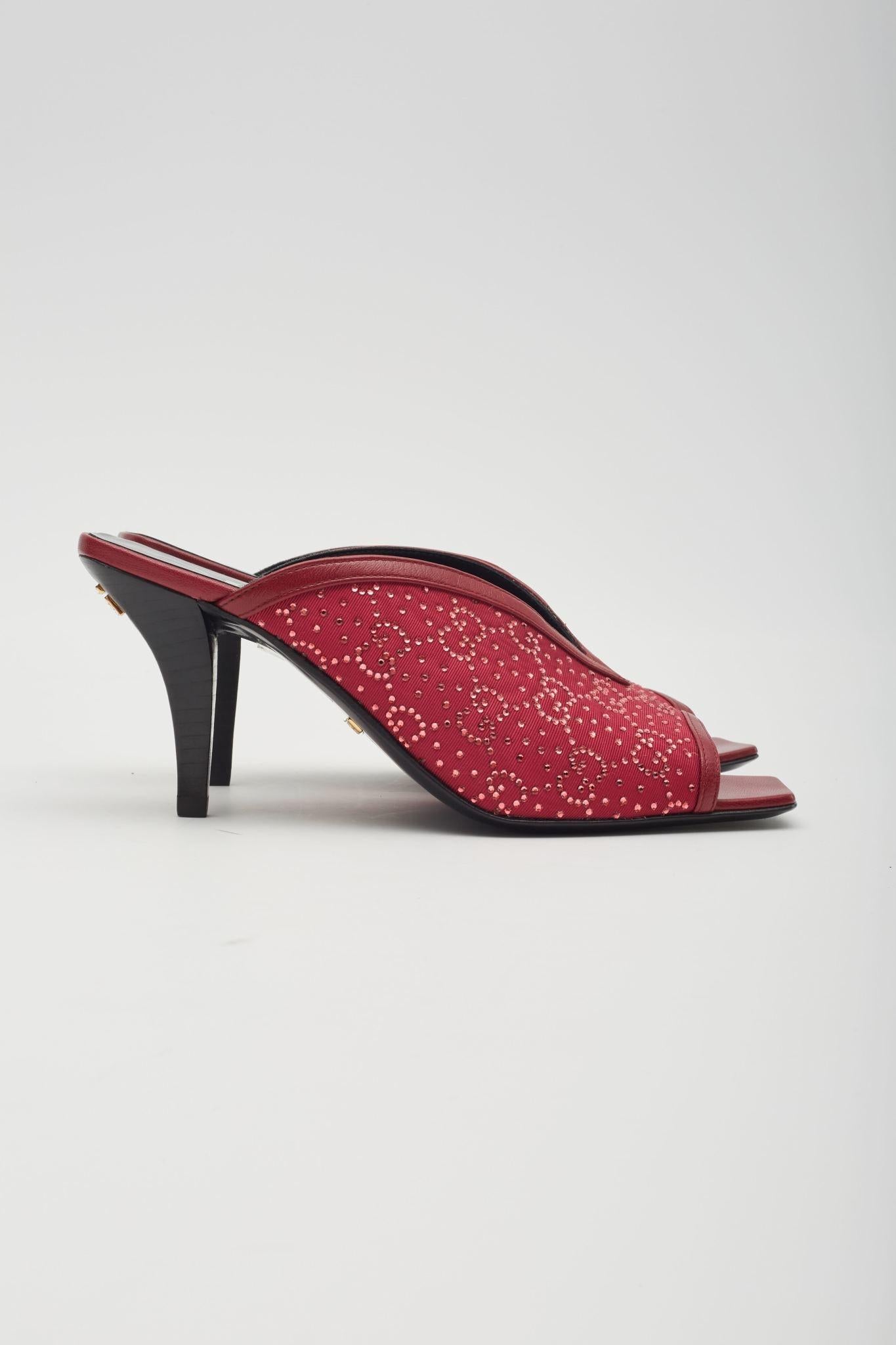 Brown Gucci GG Crystal Embellished Cherry Fabric Sandal Heels EU 34.5