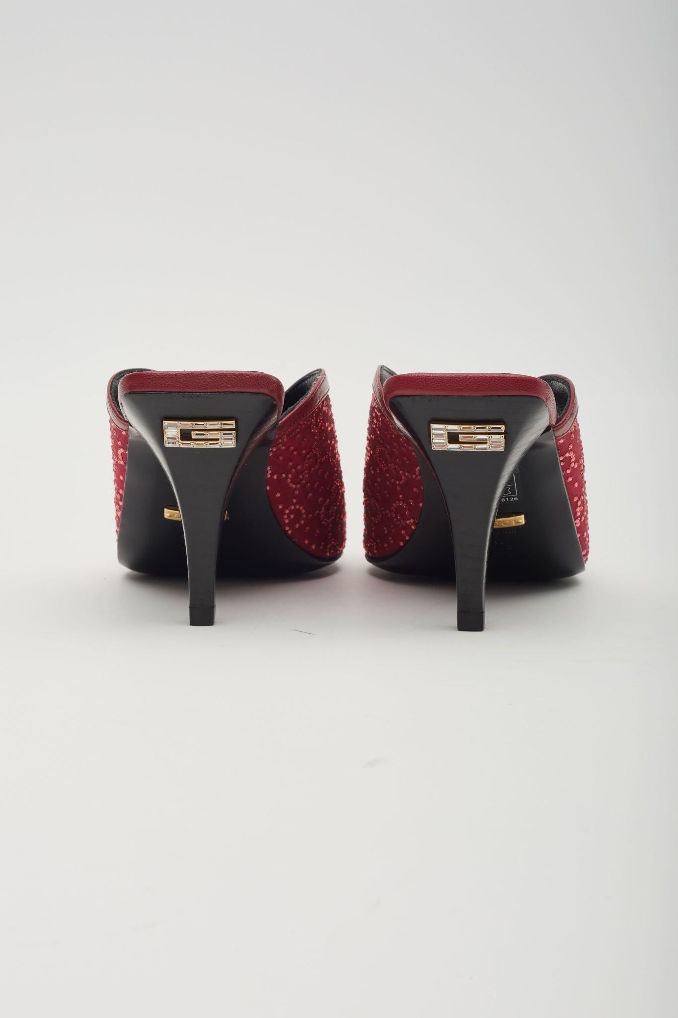 Women's Gucci GG Crystal Embellished Cherry Fabric Sandal Heels EU 34.5