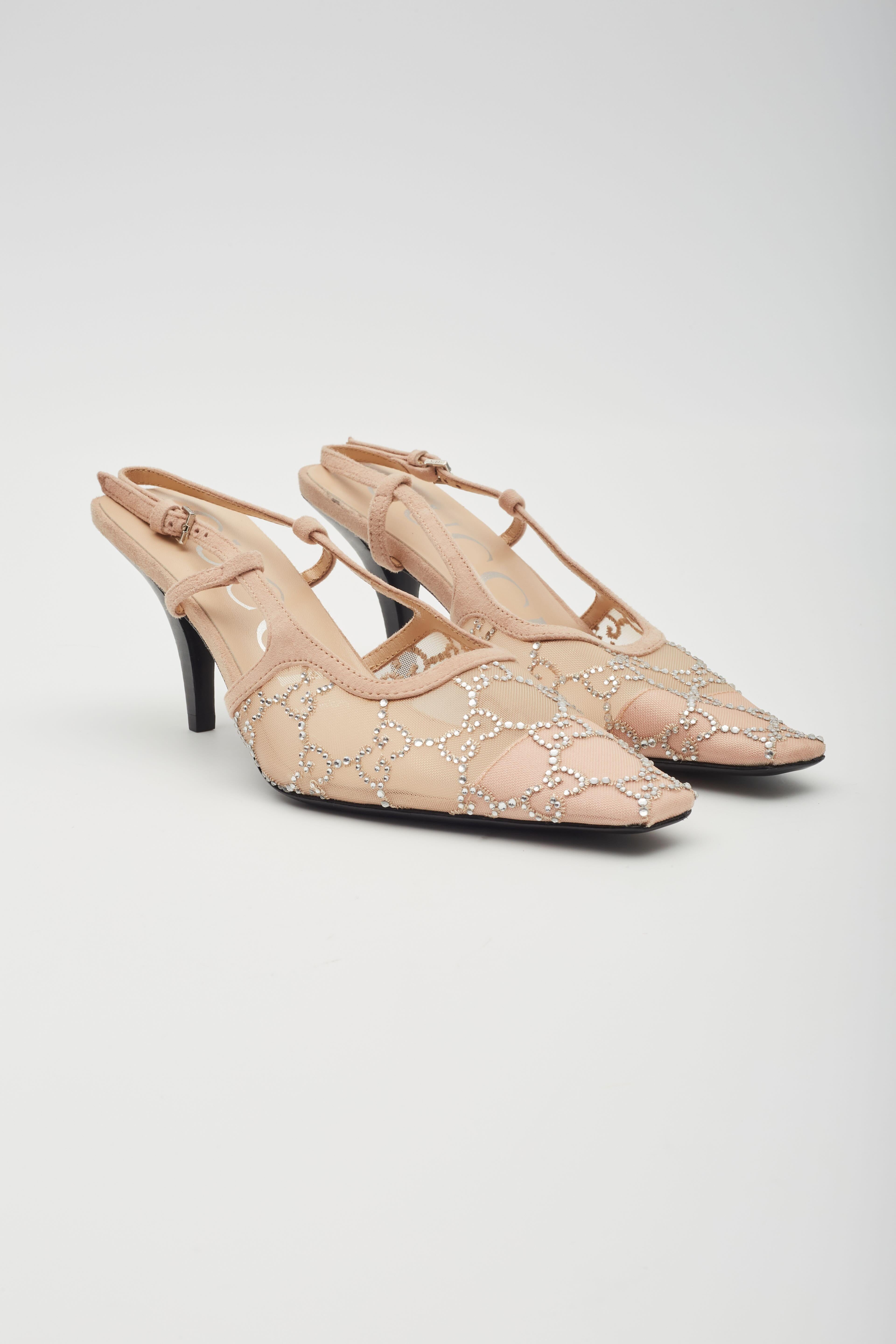 Color: Beige
Material: Mesh (textile) with leather sole. Crystal embellishments.
Heel Height: 75mm / 3”
Made in Italy

EU 38 / US 7

Condition: Excelent.
Comes with: Dust bag
Outlet.