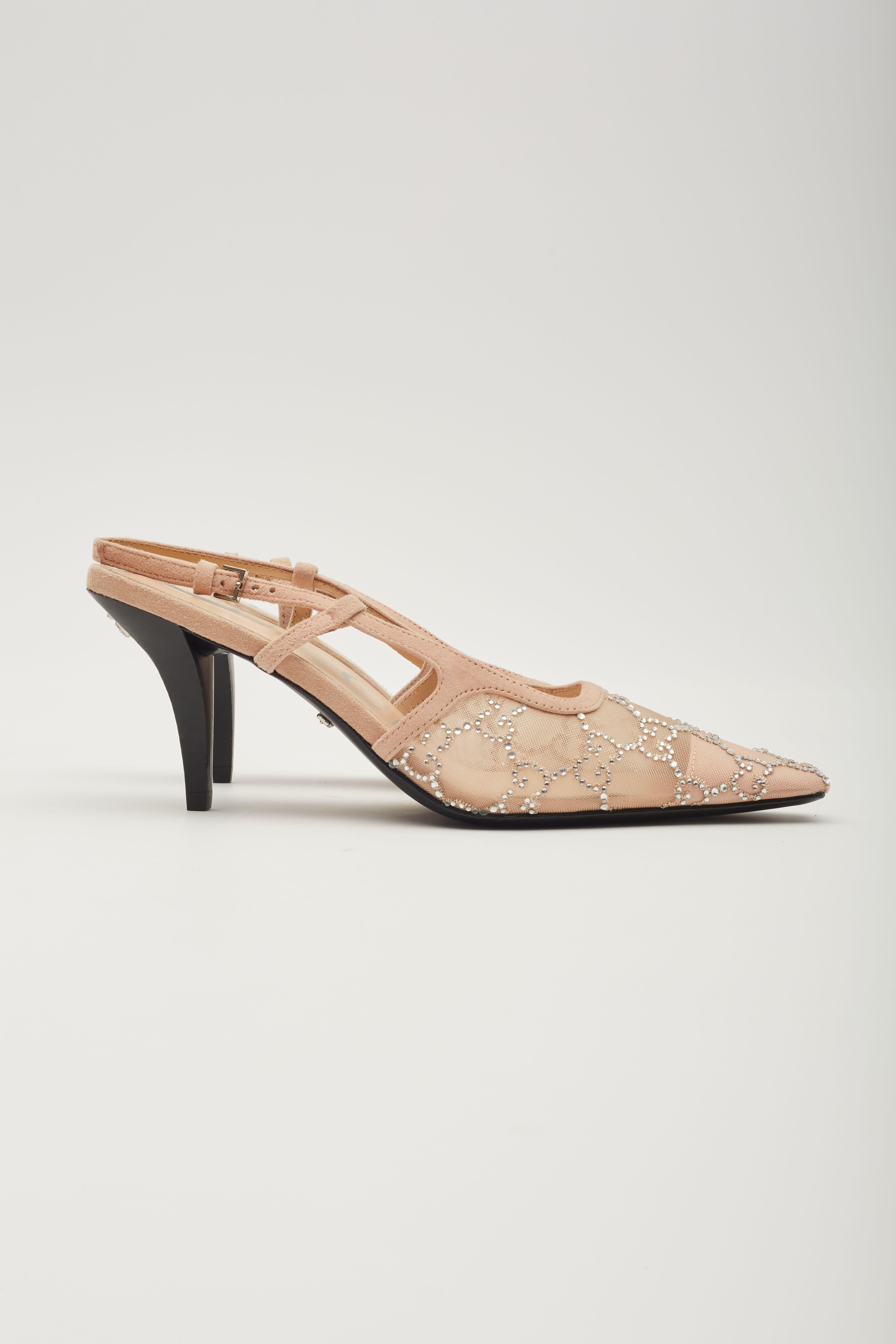 Gucci GG Malla Adornada con Cristales Zapatos de tacón Slingback Beige EU 38 en Nuevo Estado en Montreal, Quebec