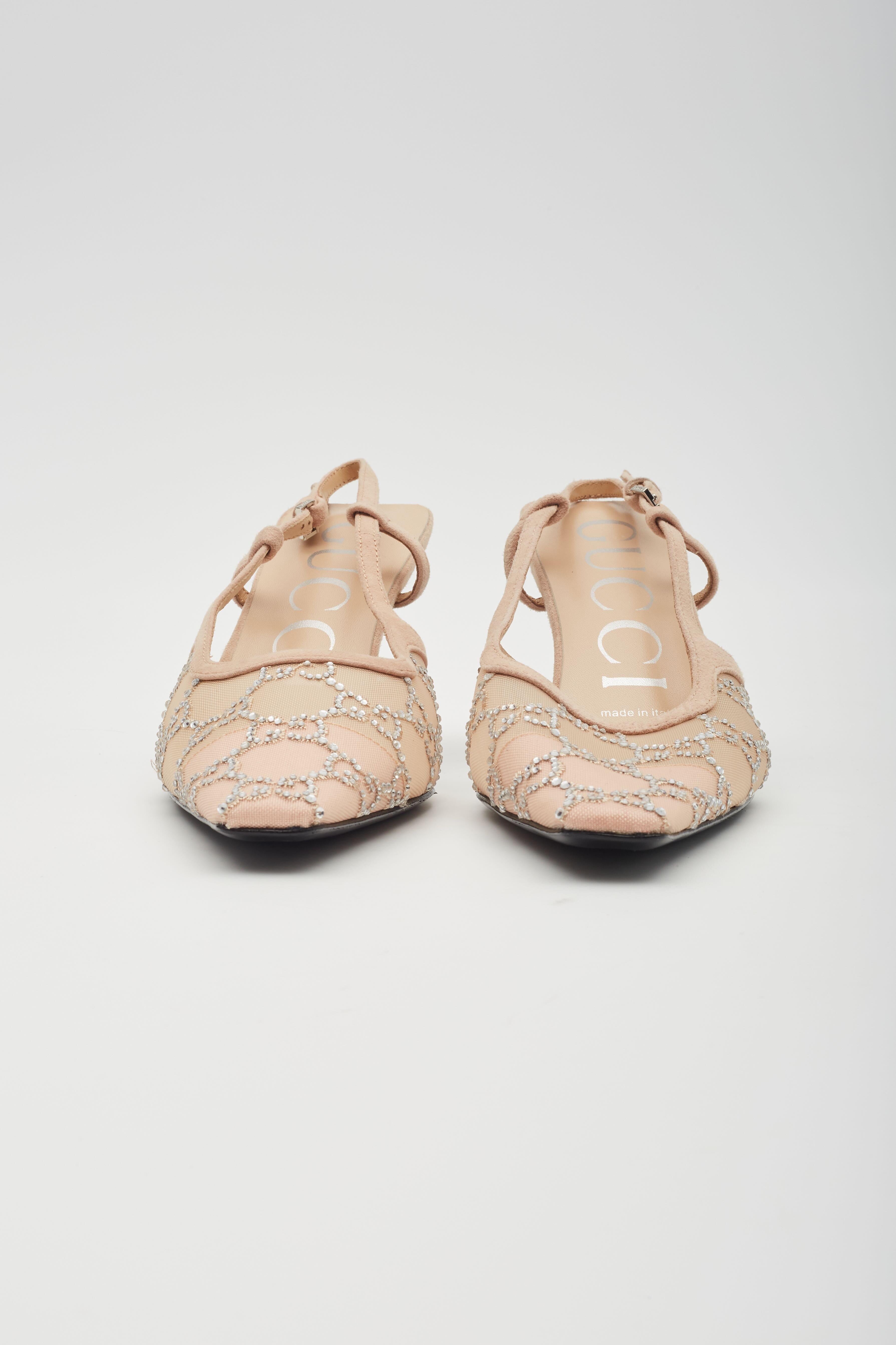 De las mujeres Gucci GG Malla Adornada con Cristales Zapatos de tacón Slingback Beige EU 38