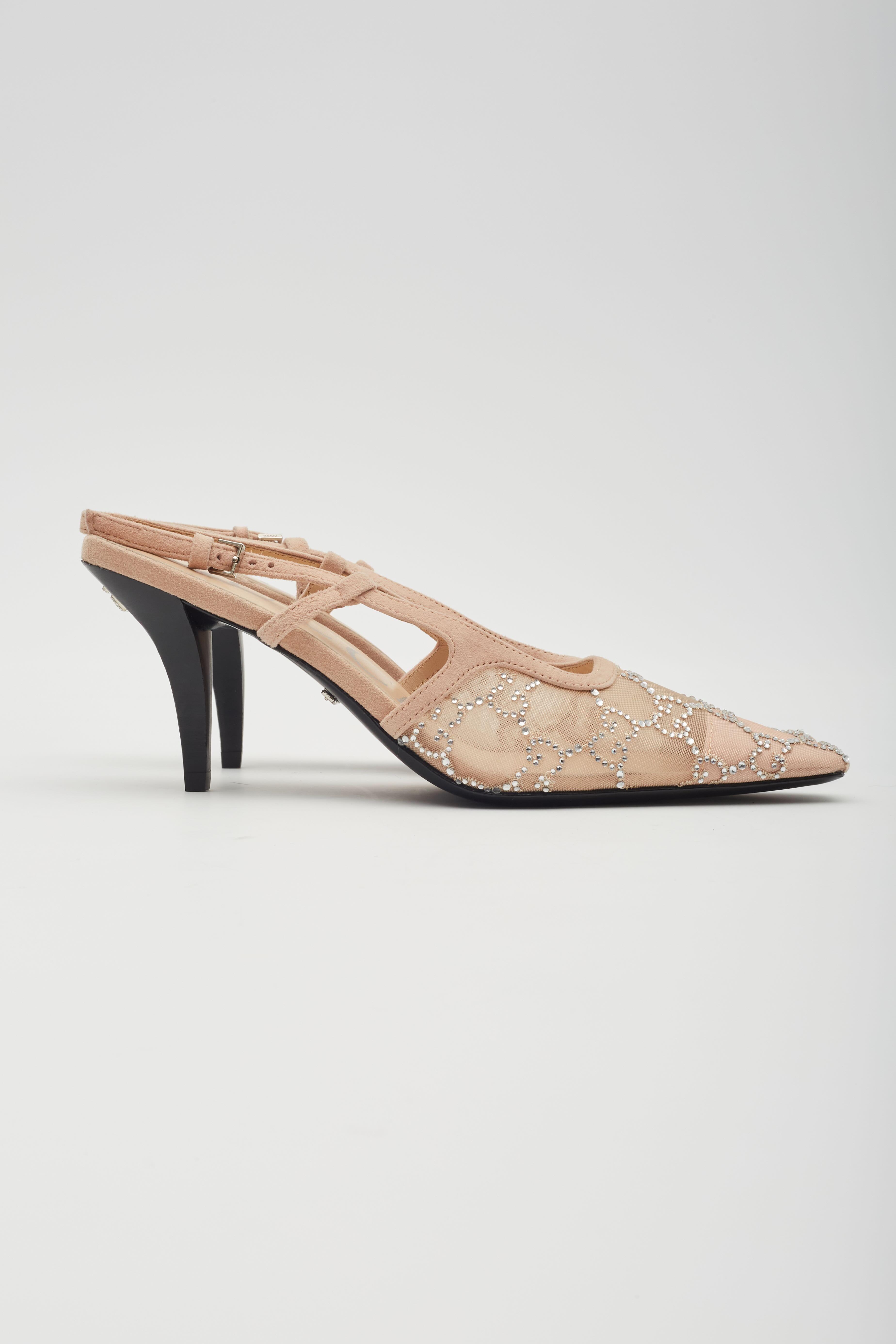Gucci GG Malla Adornada con Cristales Zapatos de tacón Slingback Beige EU 38 1