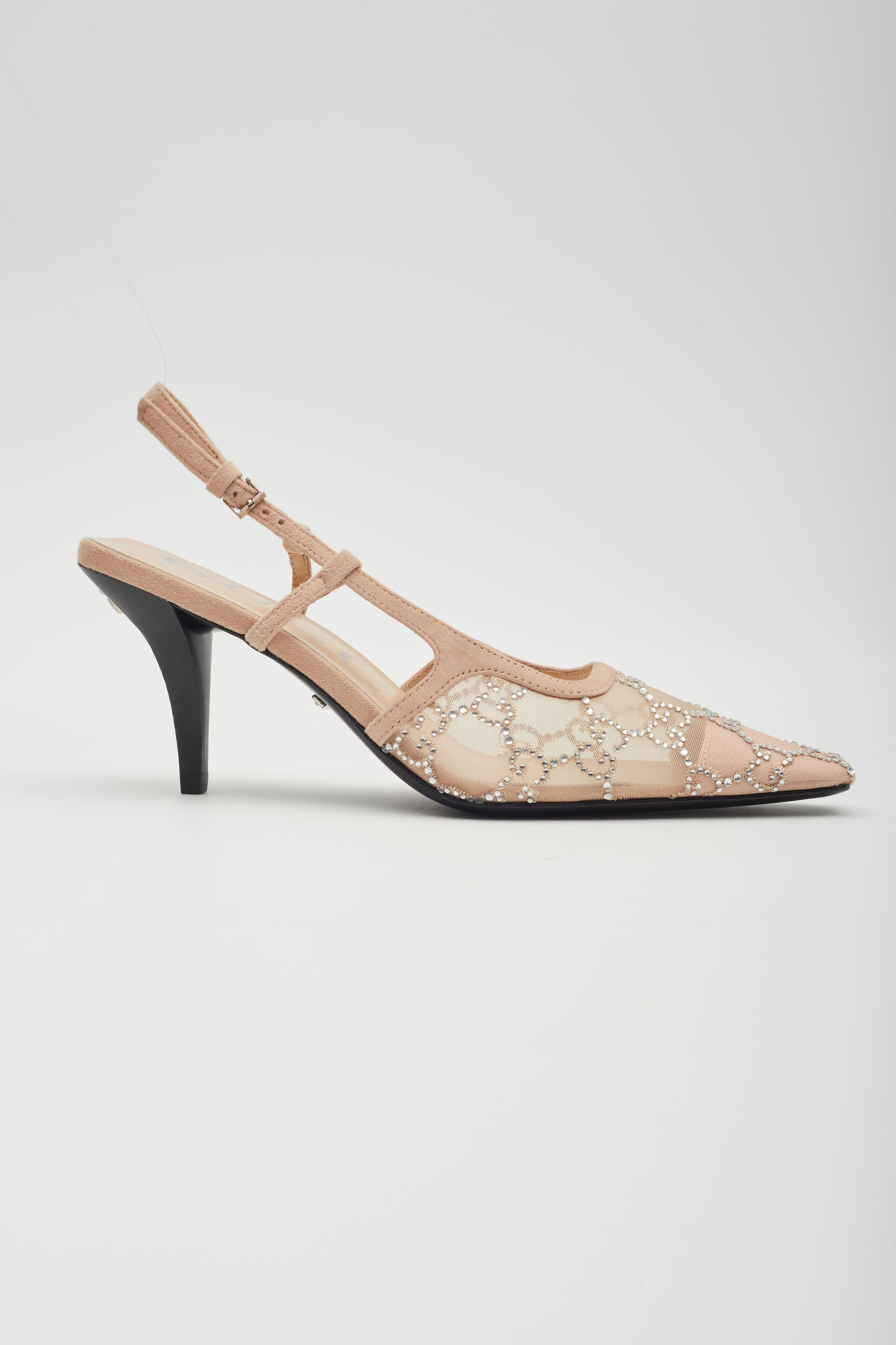 Gucci GG Crystal Embellished Mesh Beige Slingback Heels EU 38 4