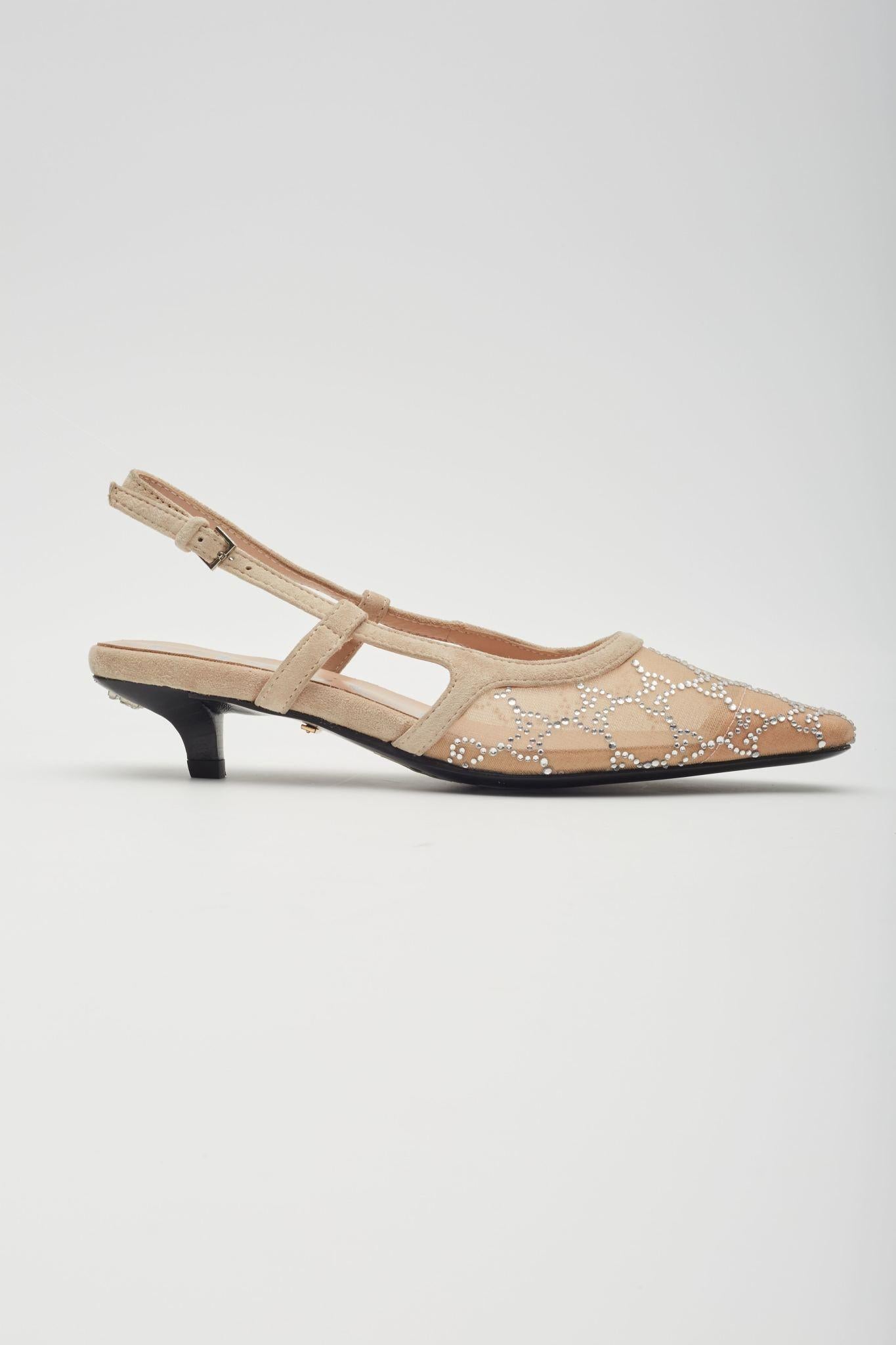 Women's Gucci GG Crystal Embellished Mesh Beige Slingback Kitten Heels EU 37