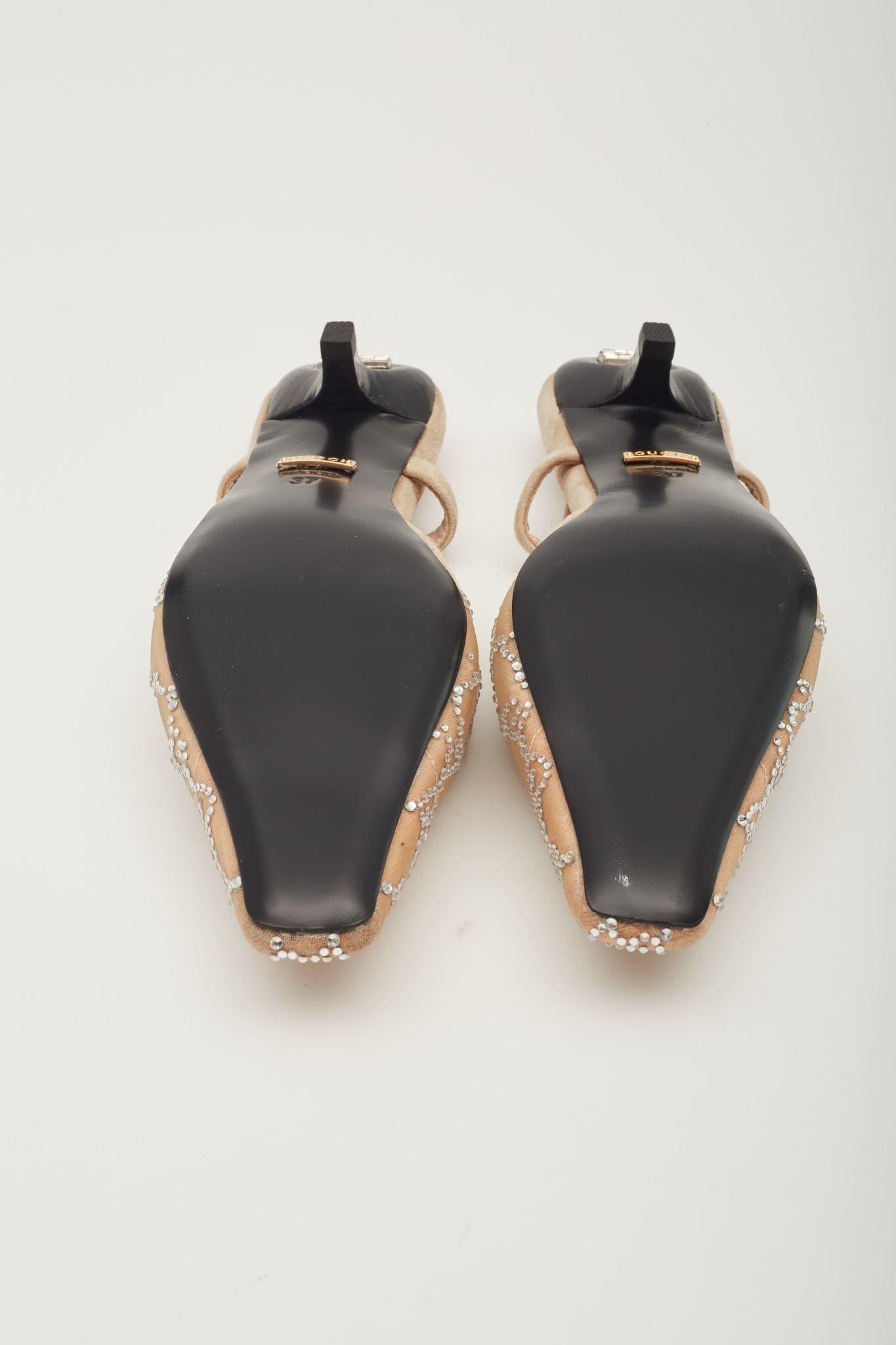 Gucci GG Crystal Embellished Mesh Beige Slingback Kitten Heels EU 37 3