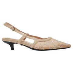 Gucci GG Crystal Embellished Mesh Beige Slingback Kitten Heels EU 37