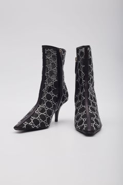 Gucci GG Crystal Embellished Mesh Black Ankle Boots EU 39
