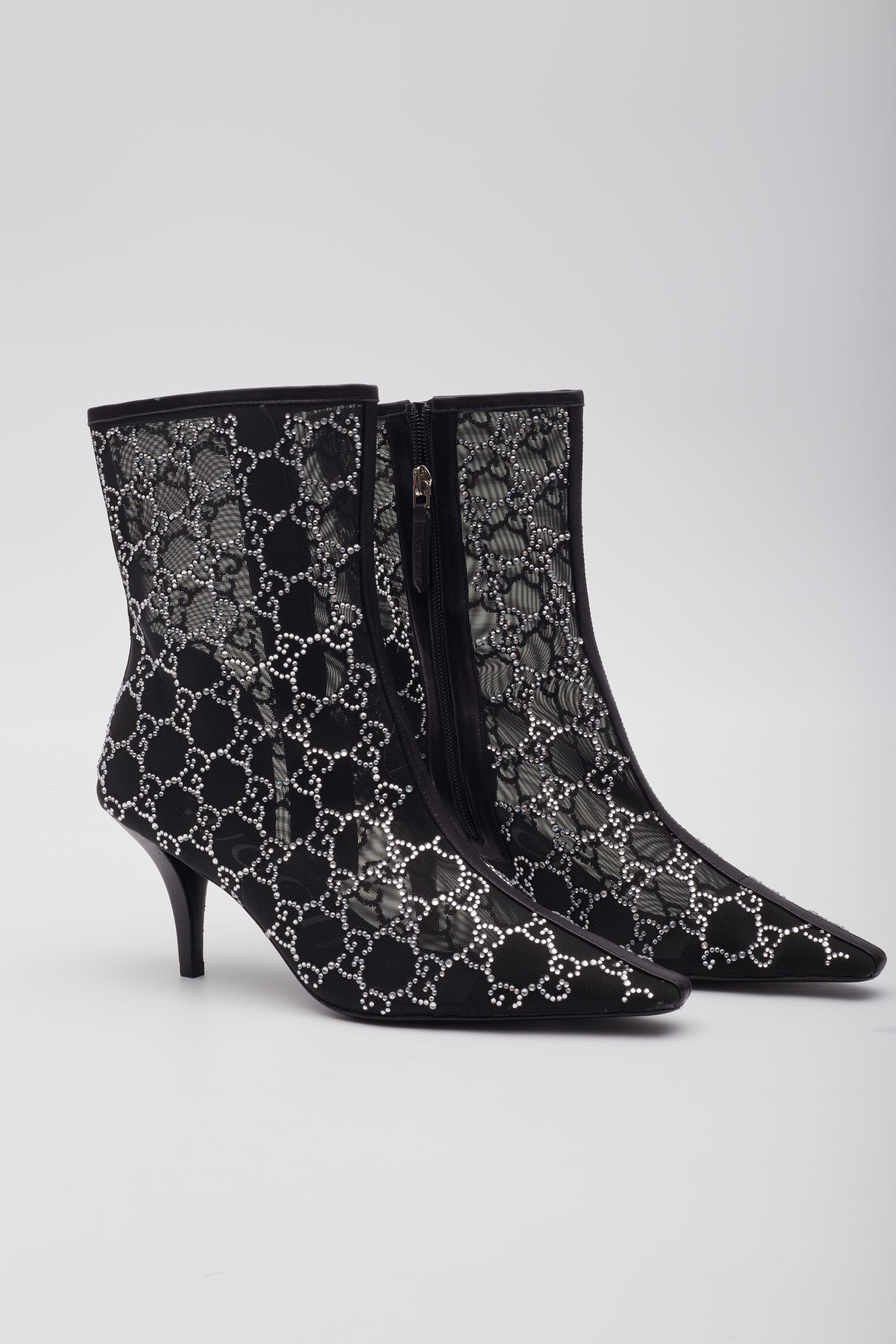 Women's Gucci GG Crystal Embellished Mesh Black Ankle Boots EU 39 For Sale