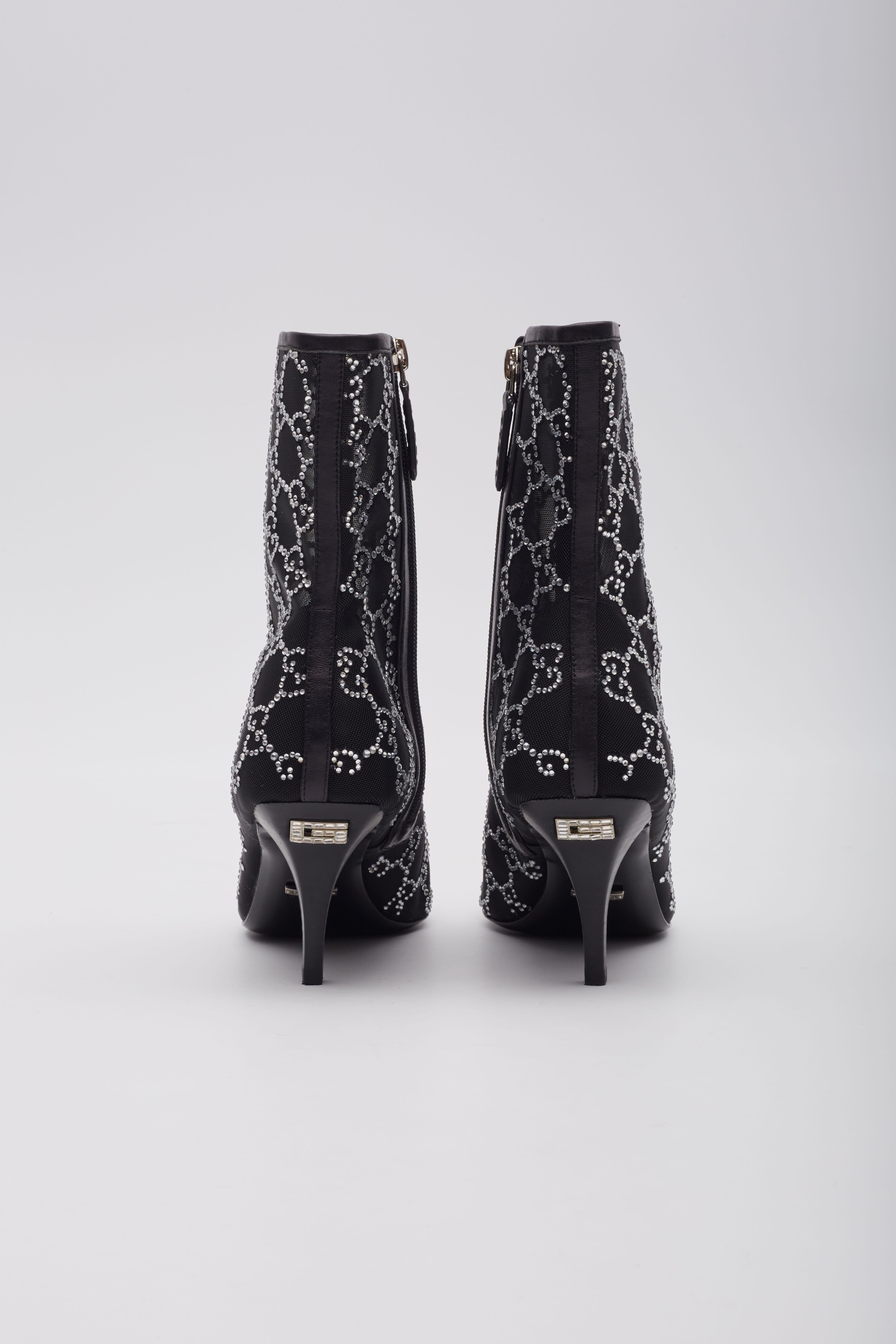 Gucci GG Crystal Embellished Mesh Black Ankle Boots EU 39 For Sale 1