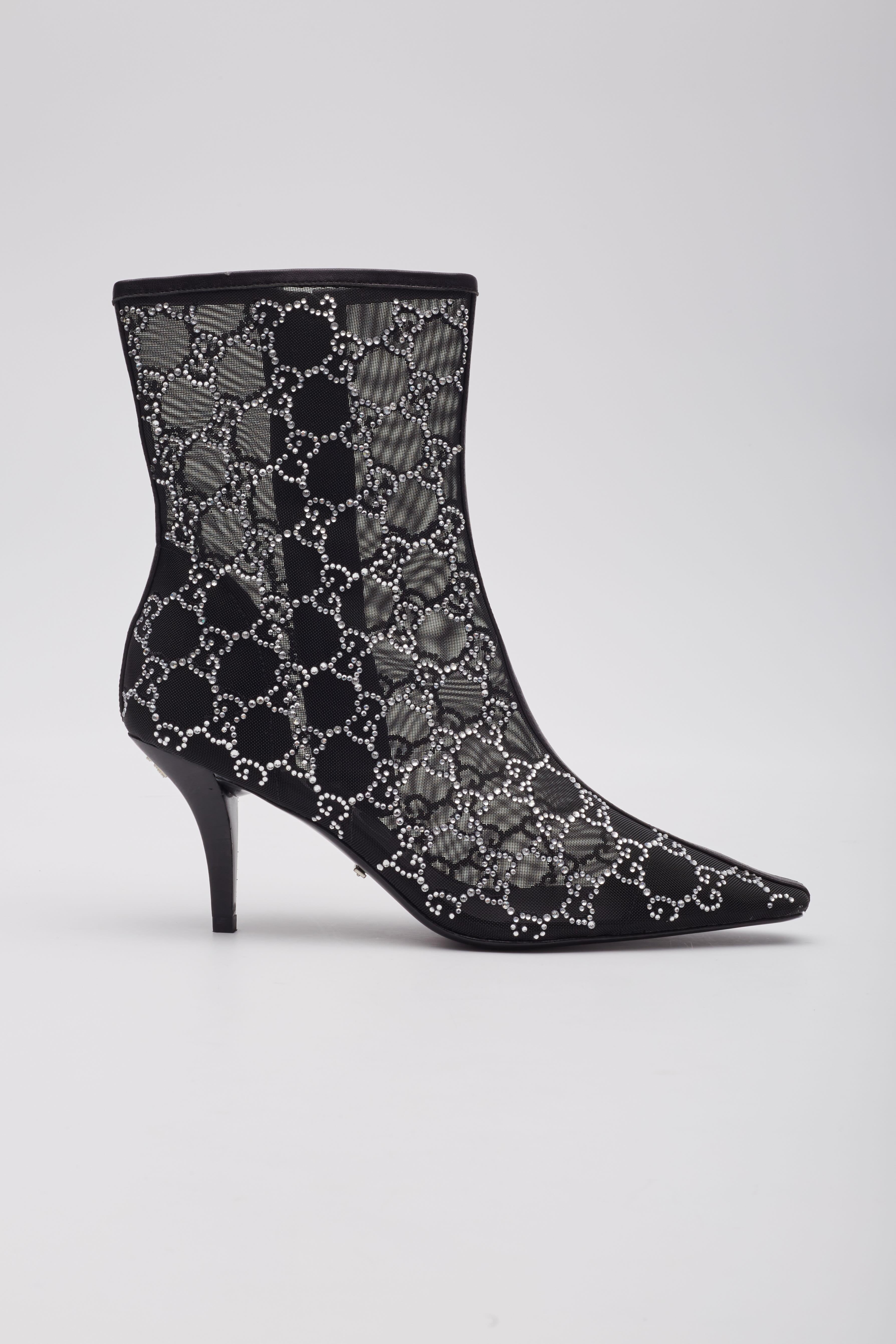 Gucci GG Crystal Embellished Mesh Black Ankle Boots EU 39 For Sale 4