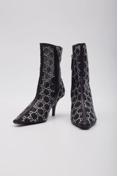 Gucci GG Crystal Embellished Mesh Black Ankle Boots EU 40