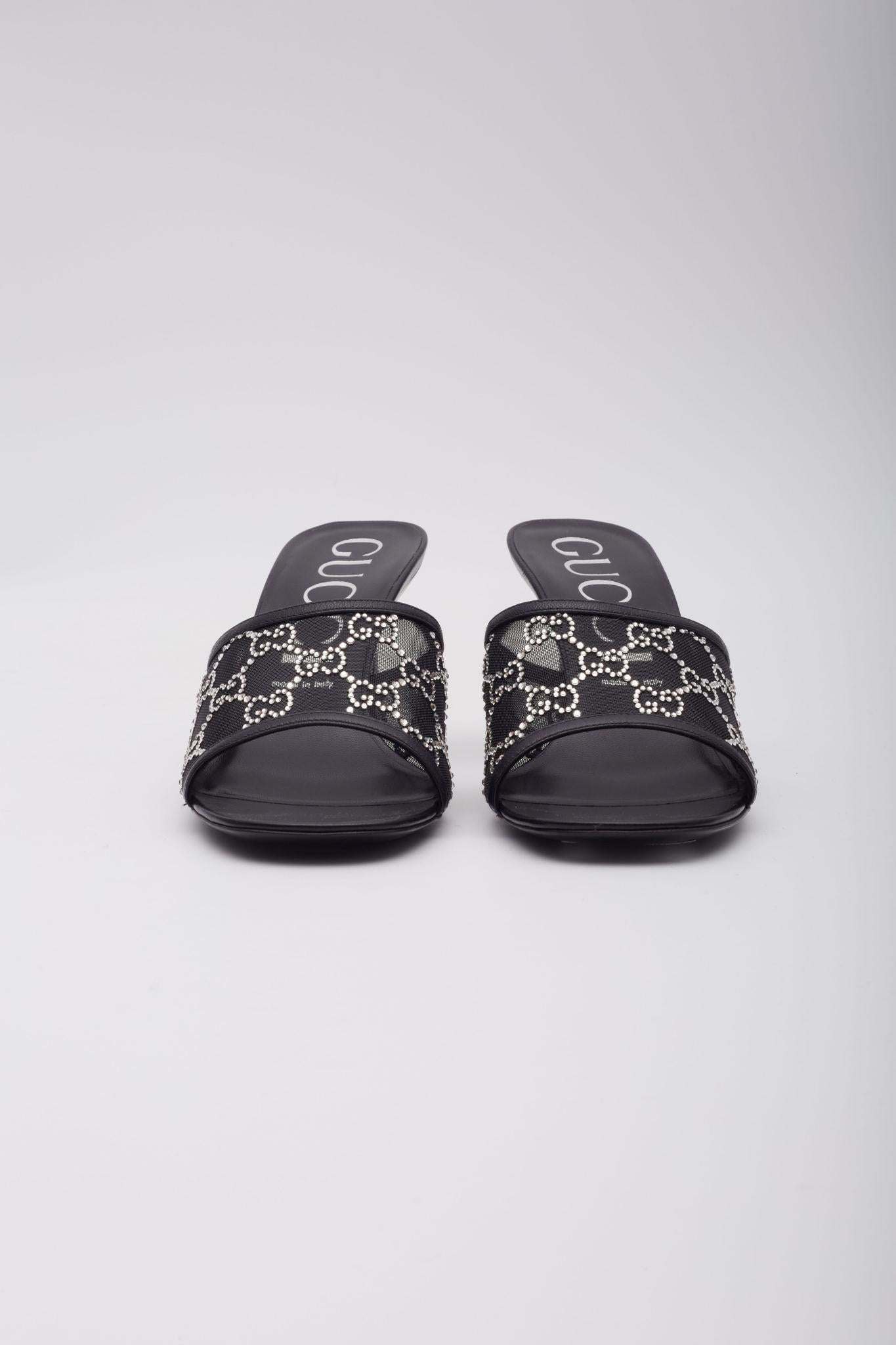 Gucci GG Crystal Embellished Mesh Black Sandal Heels (EU 42) In Excellent Condition In Montreal, Quebec