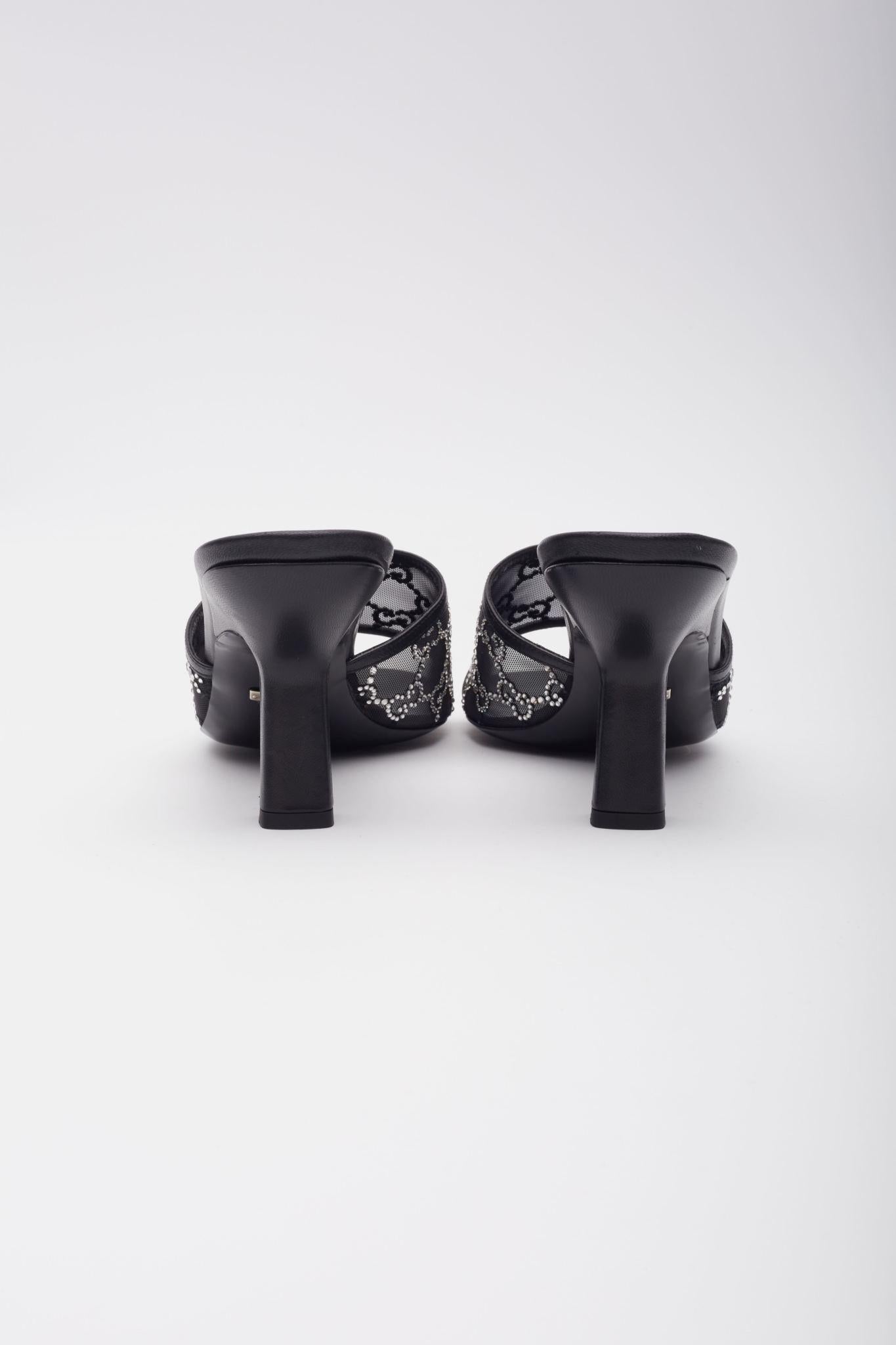 Women's Gucci GG Crystal Embellished Mesh Black Sandal Heels (EU 42)
