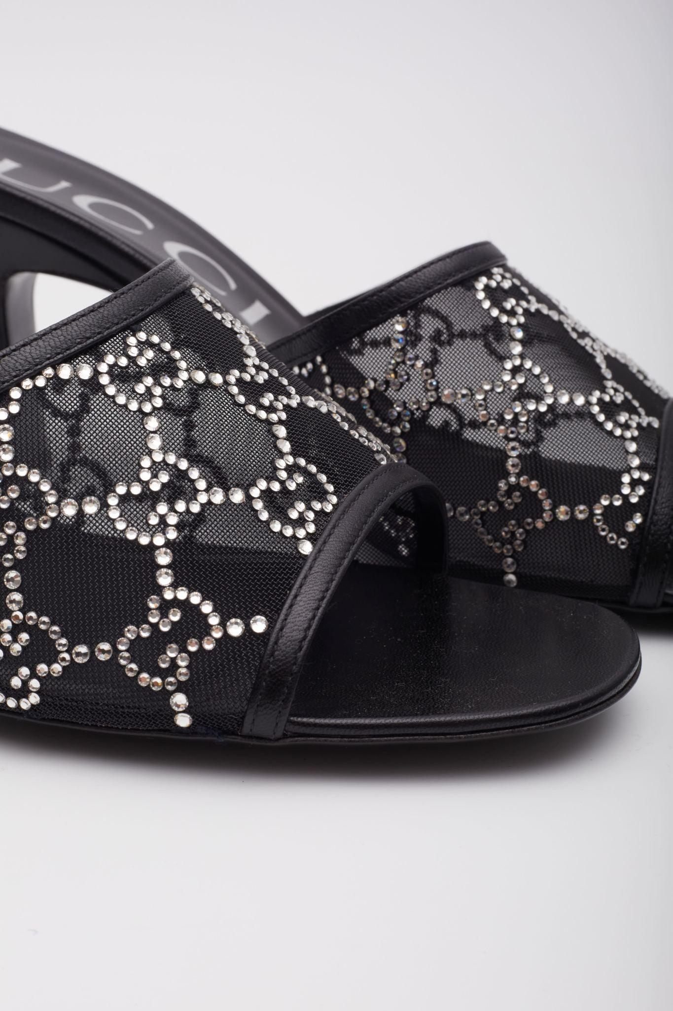 Gucci GG Crystal Embellished Mesh Black Sandal Heels (EU 42) 1