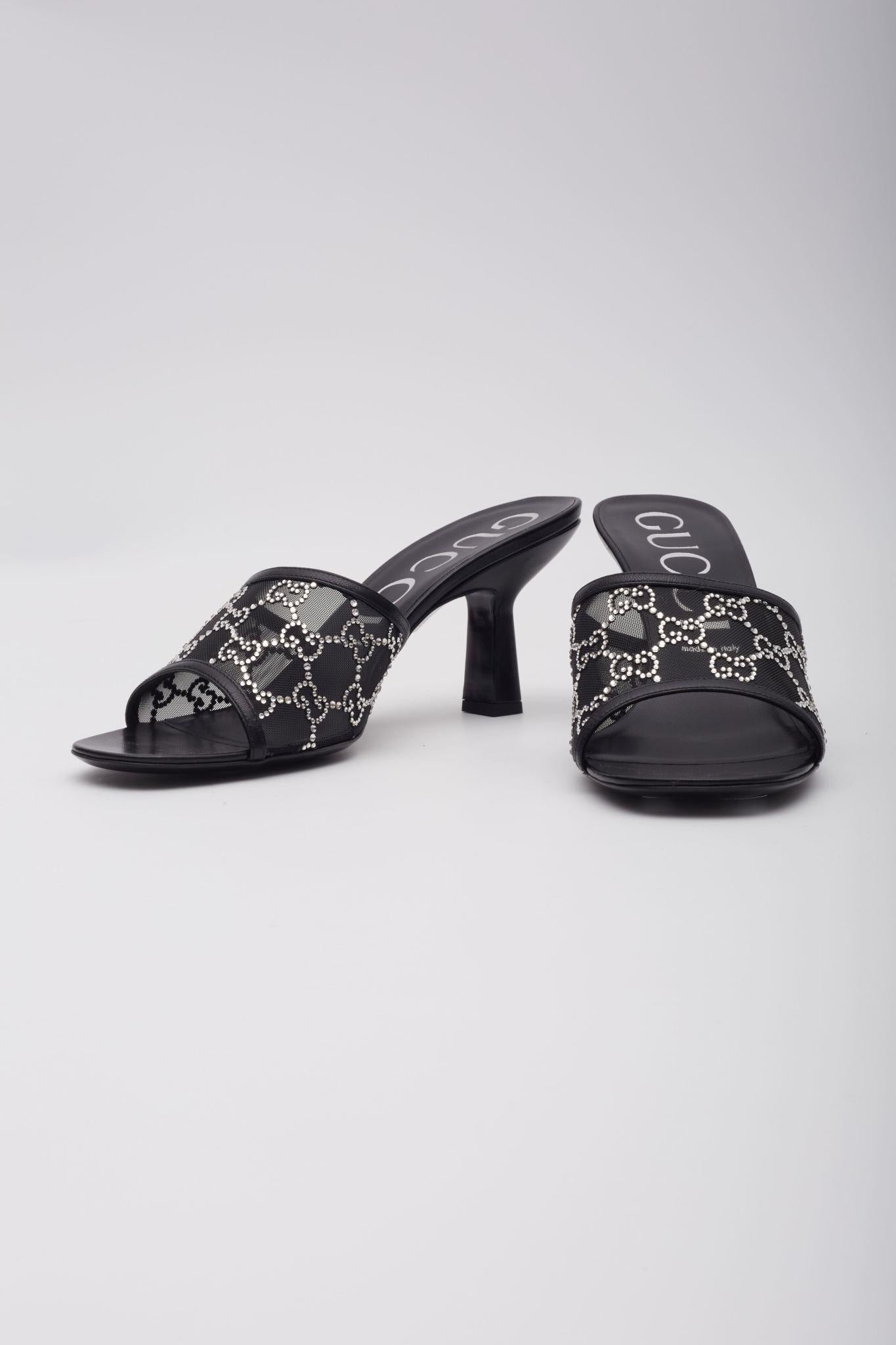Gucci GG Crystal Embellished Mesh Black Sandal Heels (EU 42) 3