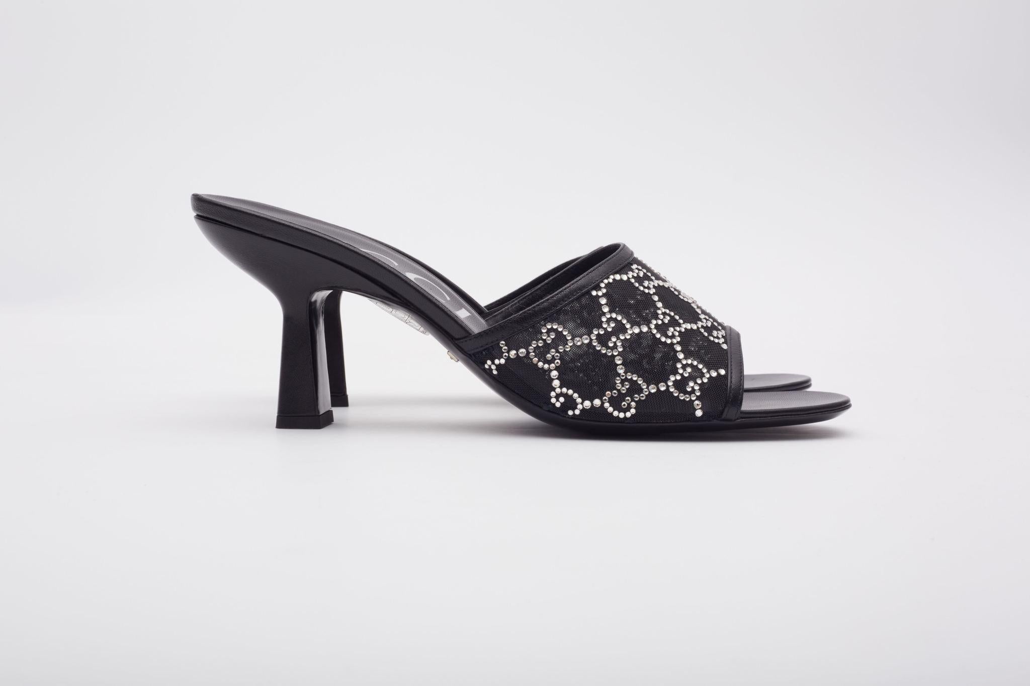 Gucci GG Crystal Embellished Mesh Black Sandal Heels (EU 42) 4
