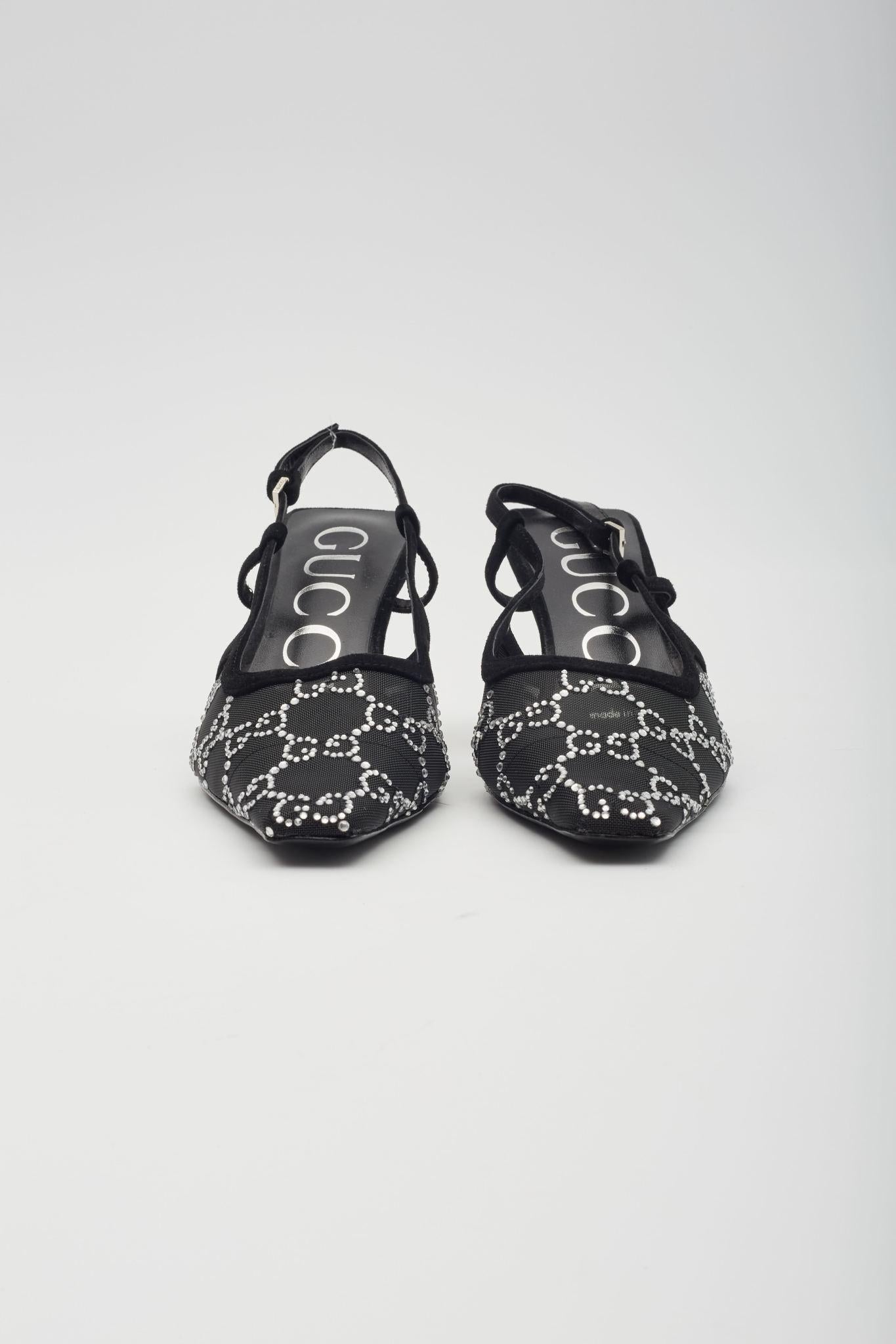 Women's Gucci GG Crystal Embellished Mesh Black Slingback Heels EU 37