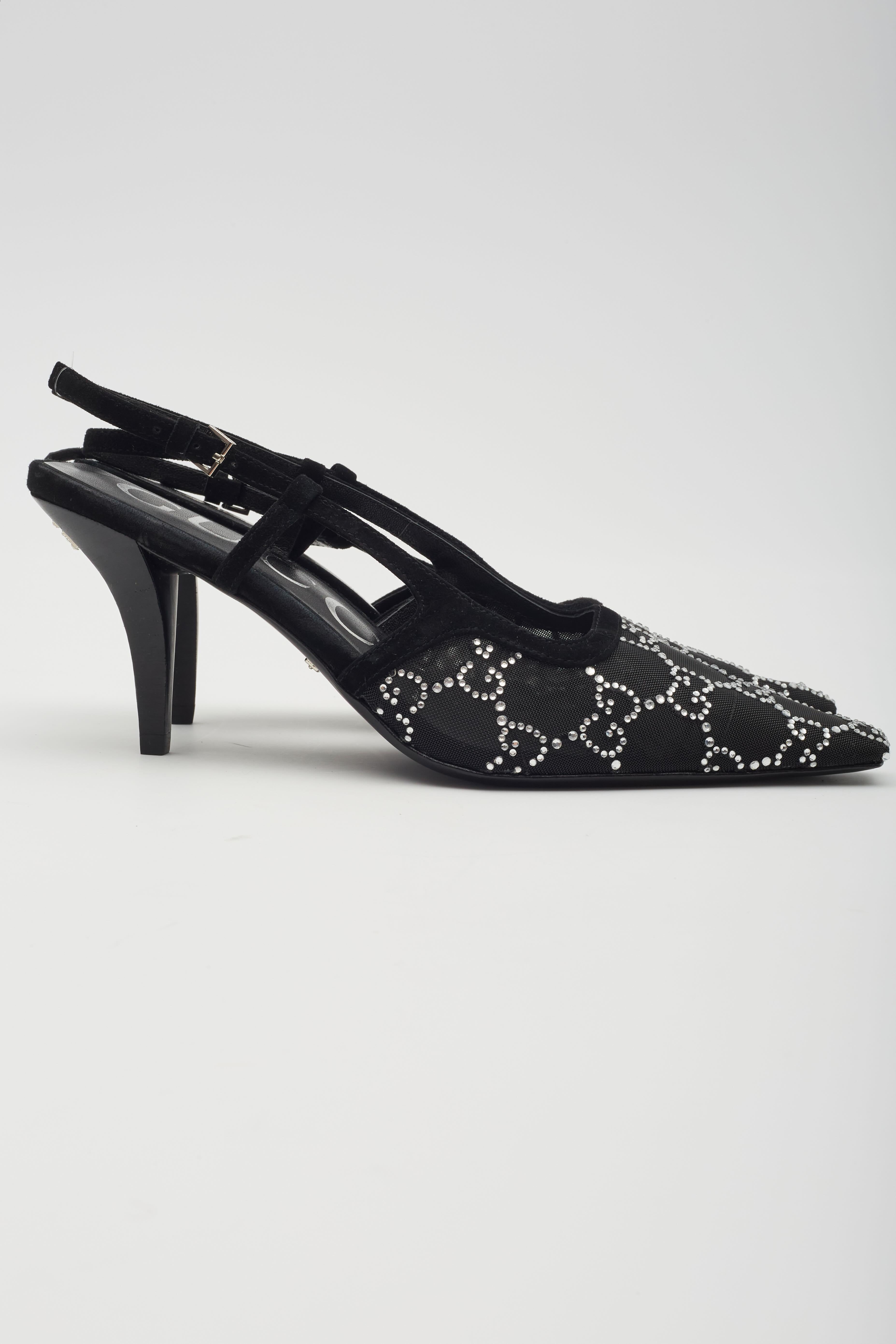 Gucci GG Crystal Embellished Mesh Black Slingback Heels EU 38 In New Condition In Montreal, Quebec