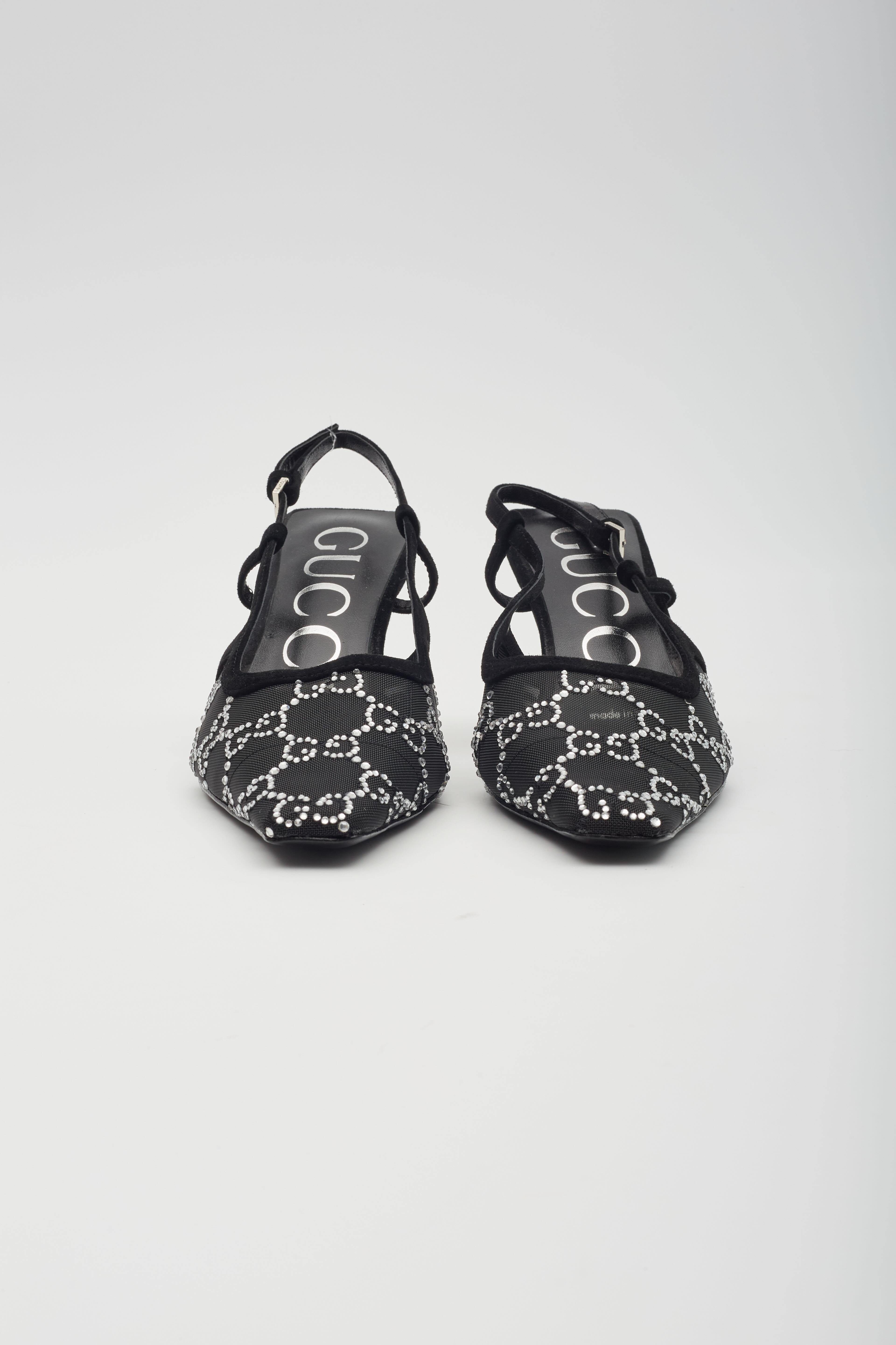 Women's Gucci GG Crystal Embellished Mesh Black Slingback Heels EU 38