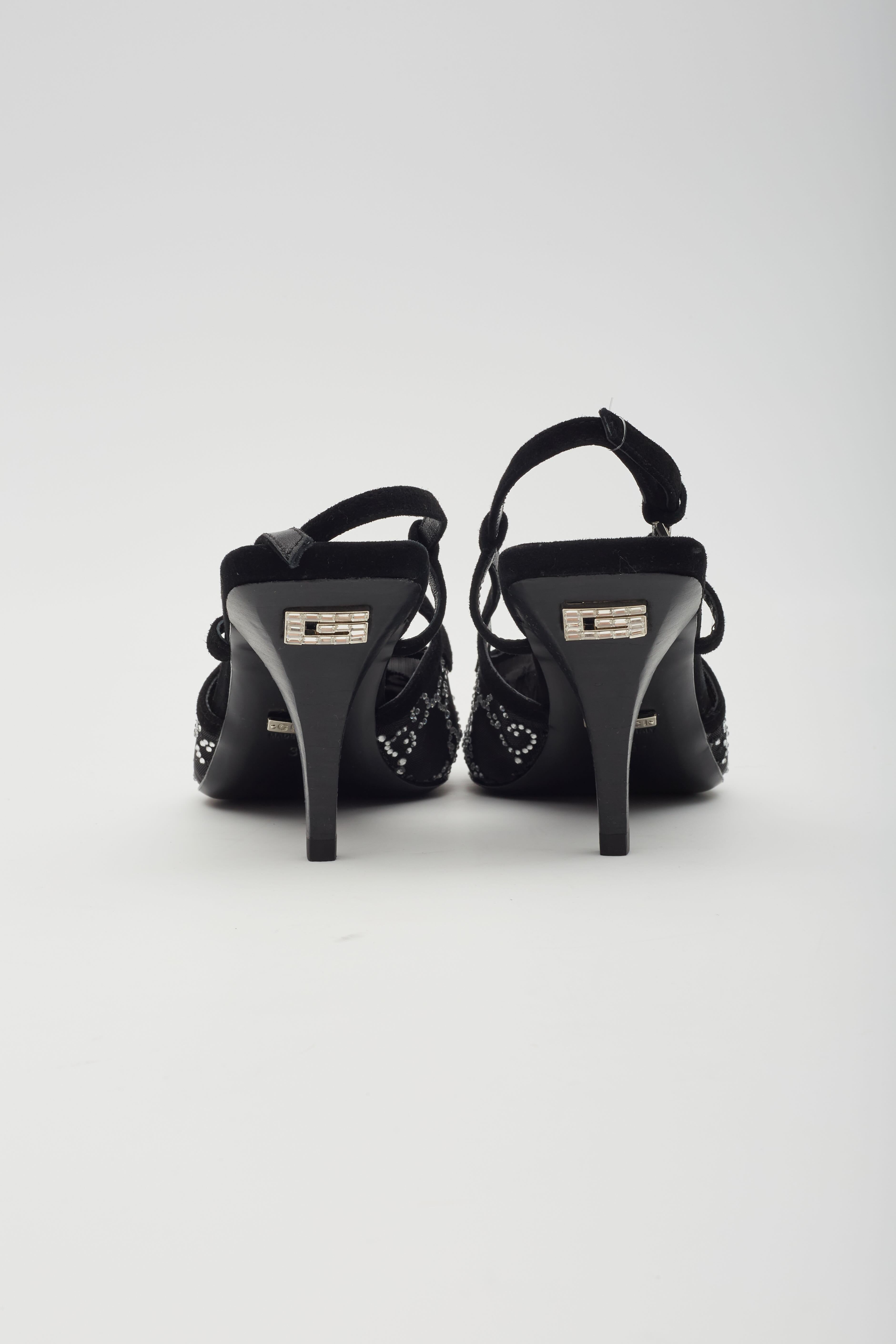 Gucci GG Crystal Embellished Mesh Black Slingback Heels EU 38 1