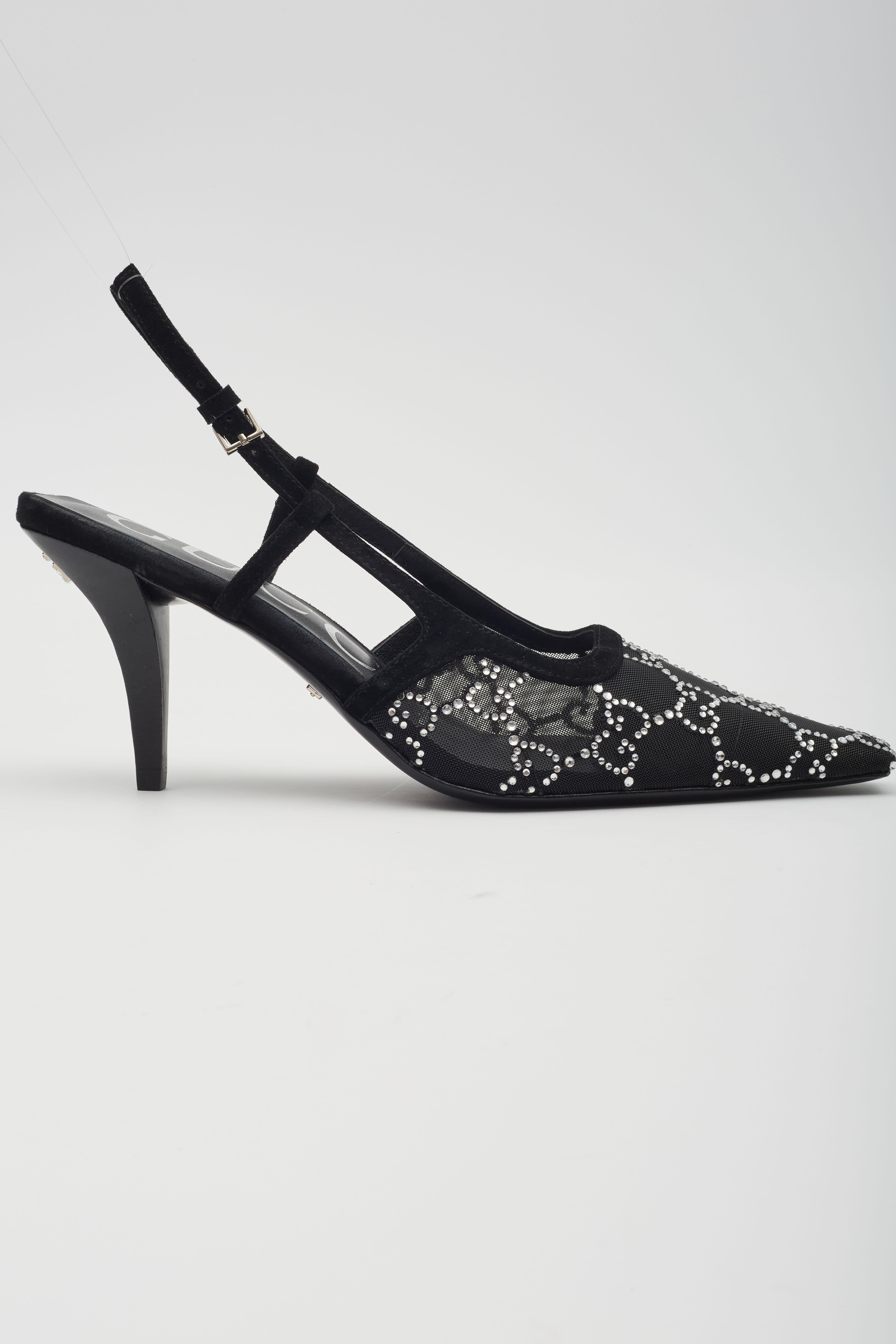 Gucci GG Crystal Embellished Mesh Black Slingback Heels EU 38 3