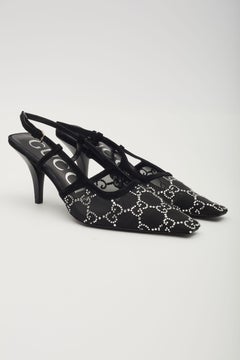 Gucci GG Crystal Embellished Mesh Black Slingback Heels EU 41