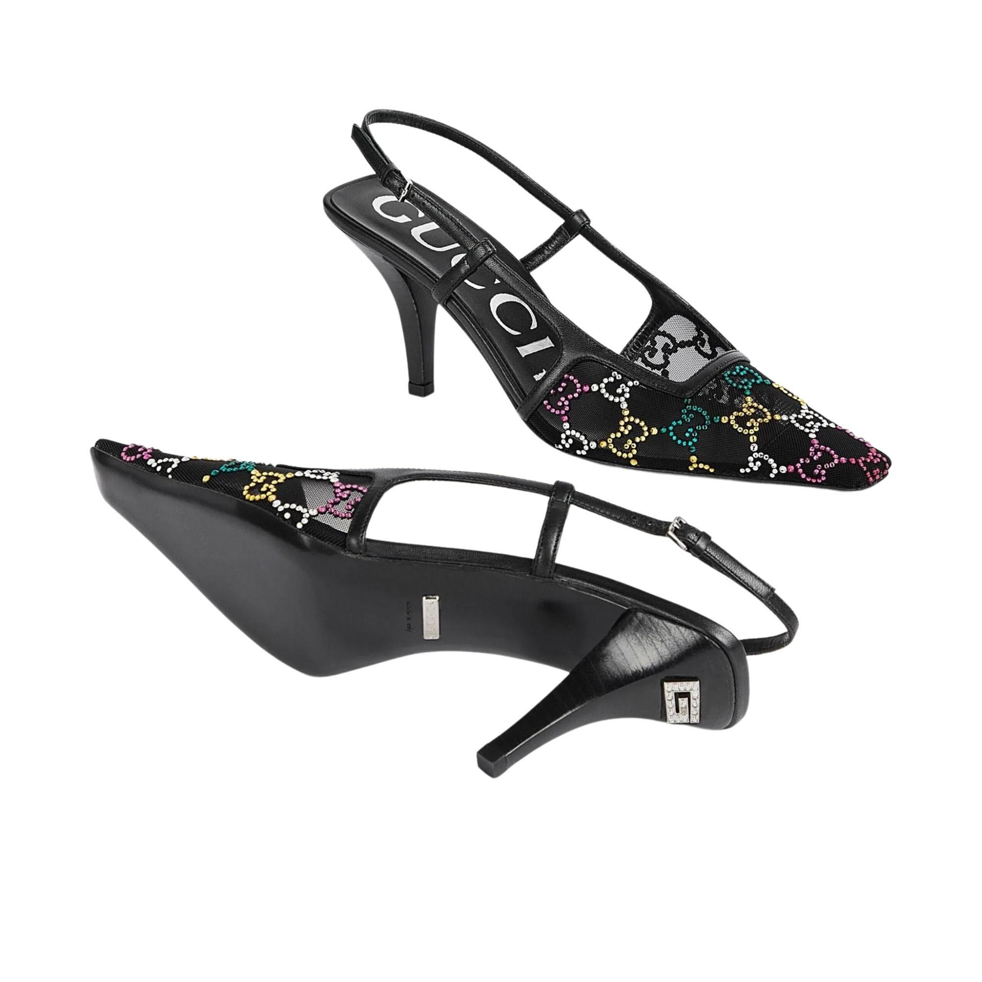 Gucci GG Crystal Embellished Mesh Black Slingback Heels (EU 39) For Sale 1