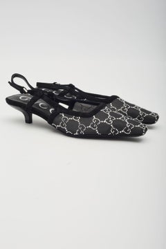 Gucci GG Crystal Embellished Mesh Black Slingback Kitten Heels EU 38